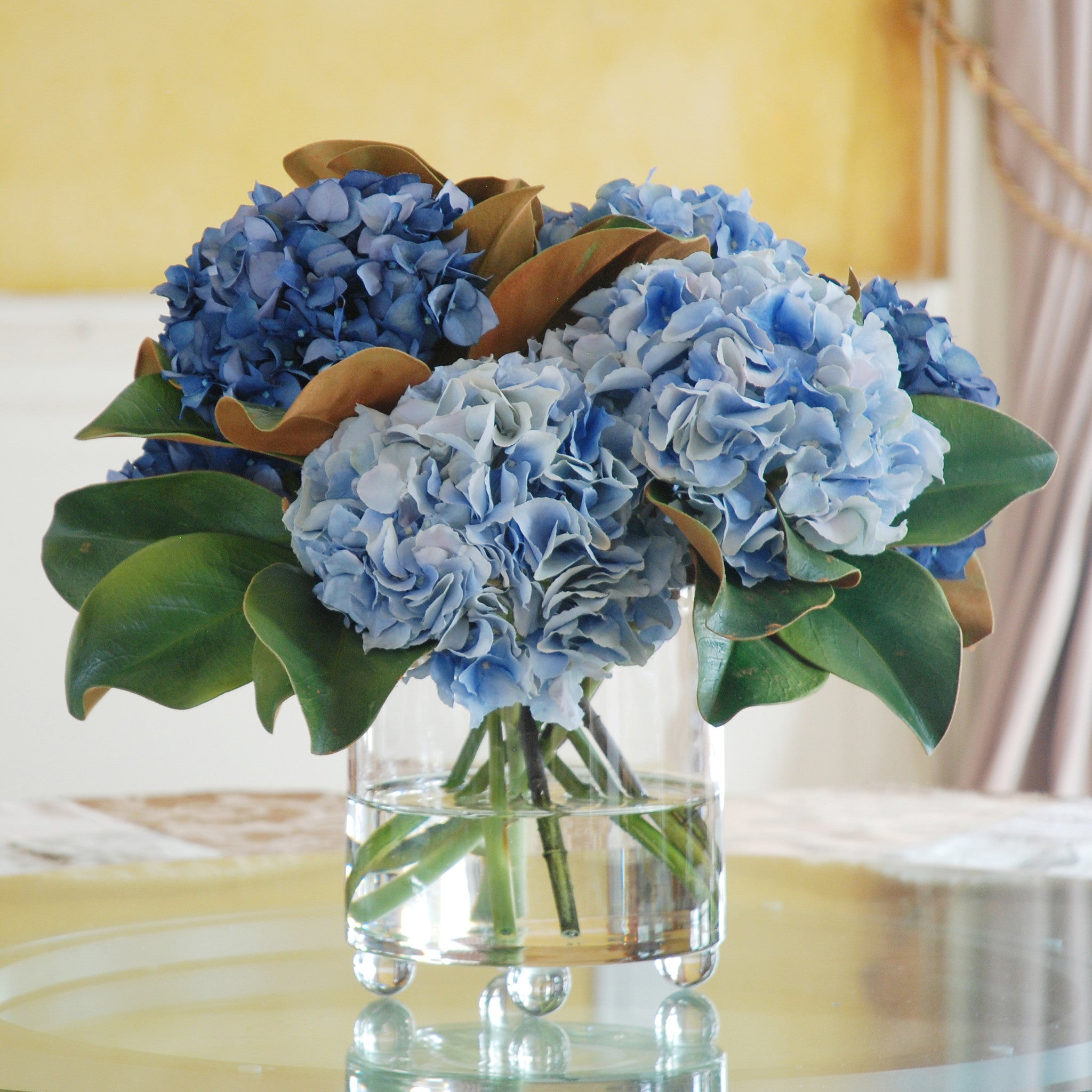 Luxury Faux Blue Hydrangea Arrangement in Glass Vase 17" | Winward Home