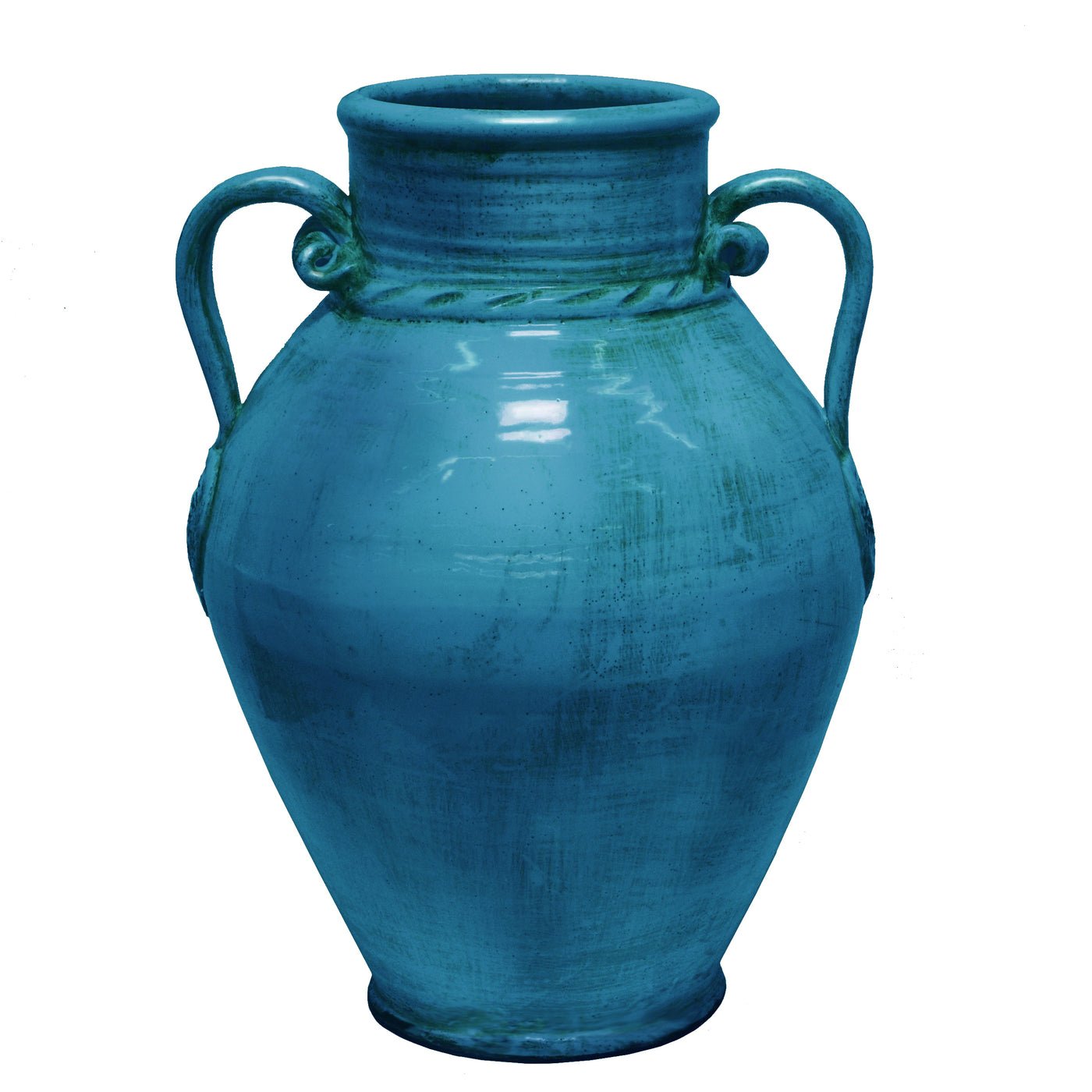 A polished, blue Roman terracotta jar with two handles and a timeless design, placed against a white background.