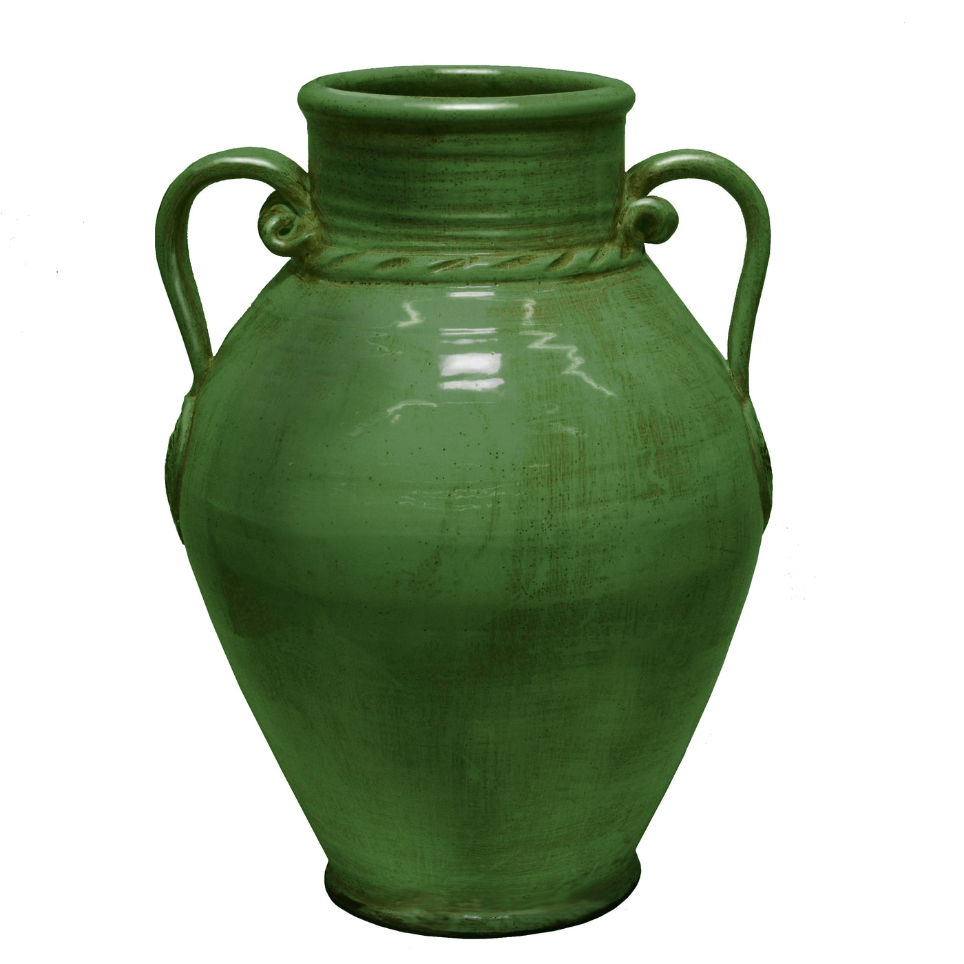 A polished, green Roman terracotta jar with two handles and a timeless design, placed against a white background.