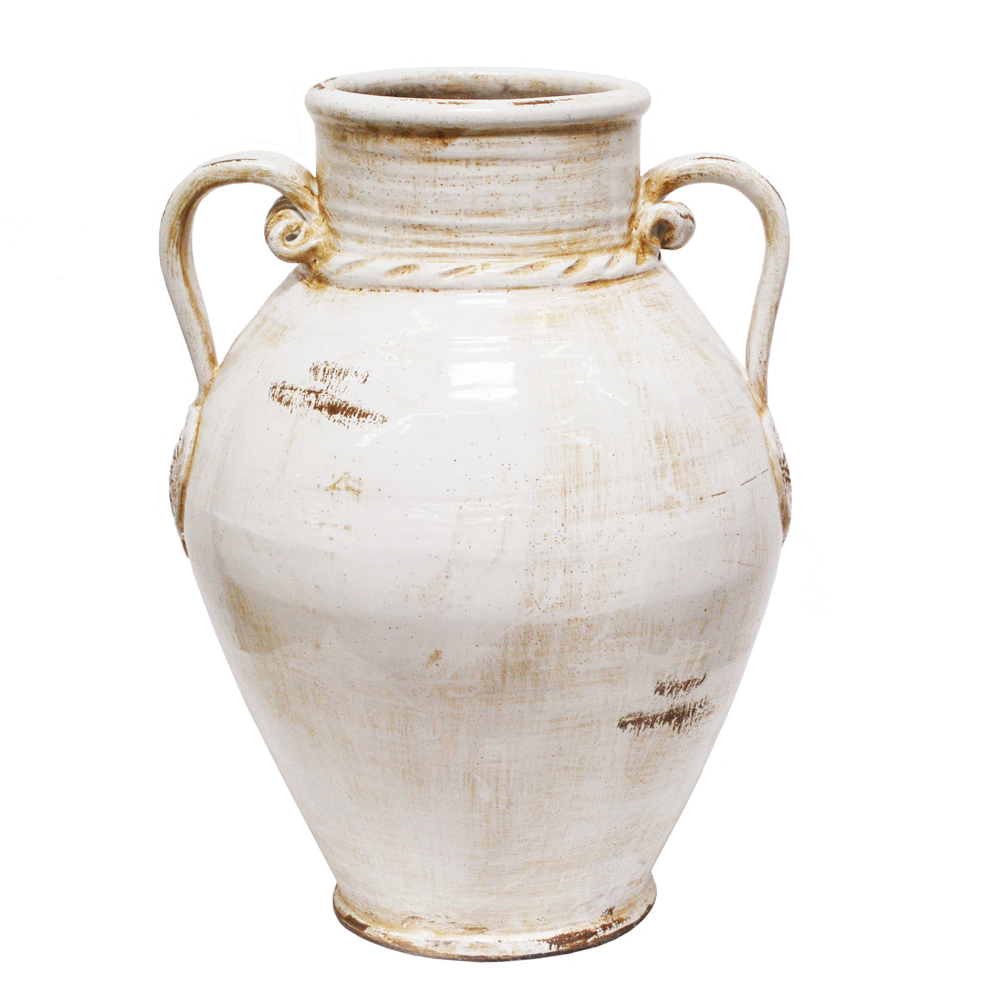 A polished, white Roman terracotta jar with two handles and a timeless design, placed against a white background.