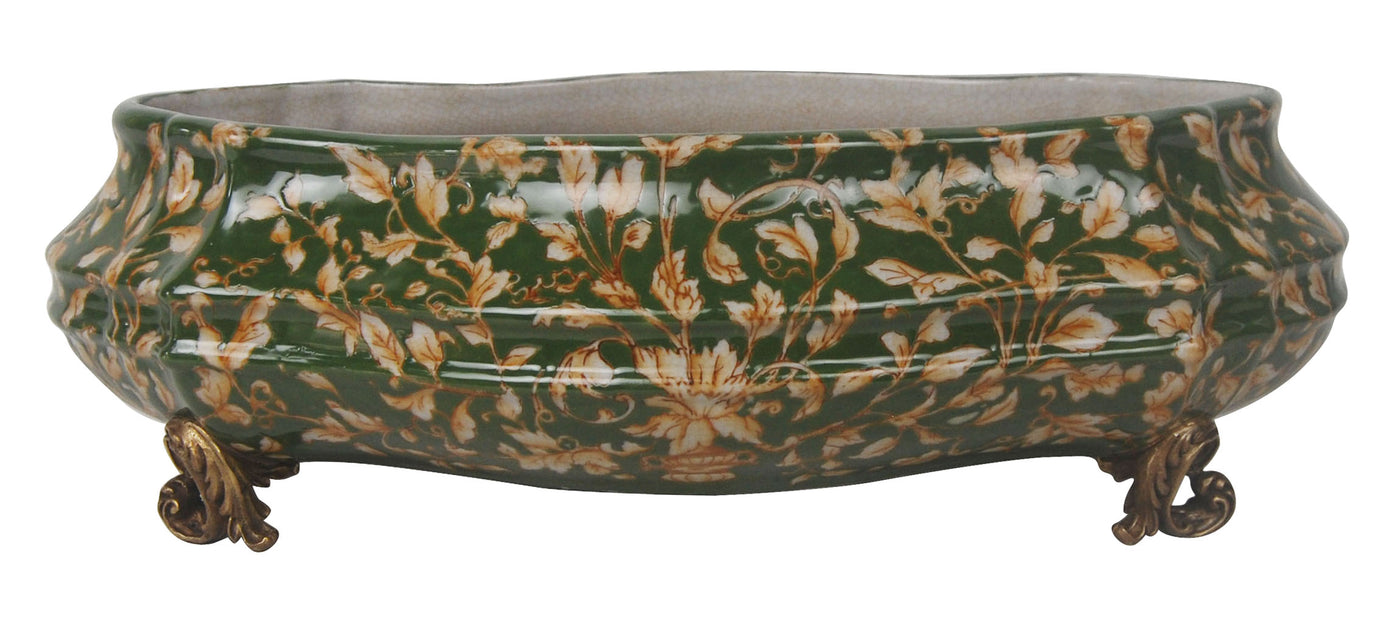 15.5 inch wide green porcelain planter with intricate white and orange floral patterns shown against a white background