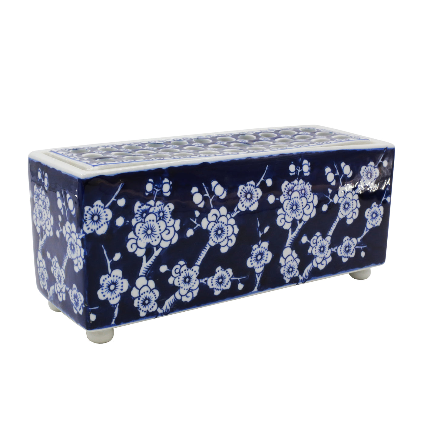 Rectangular 11-inch porcelain floral arranger with a blue and white hand-painted design, perfect for displaying small floral arrangements or as a decorative accent for tables and countertops.