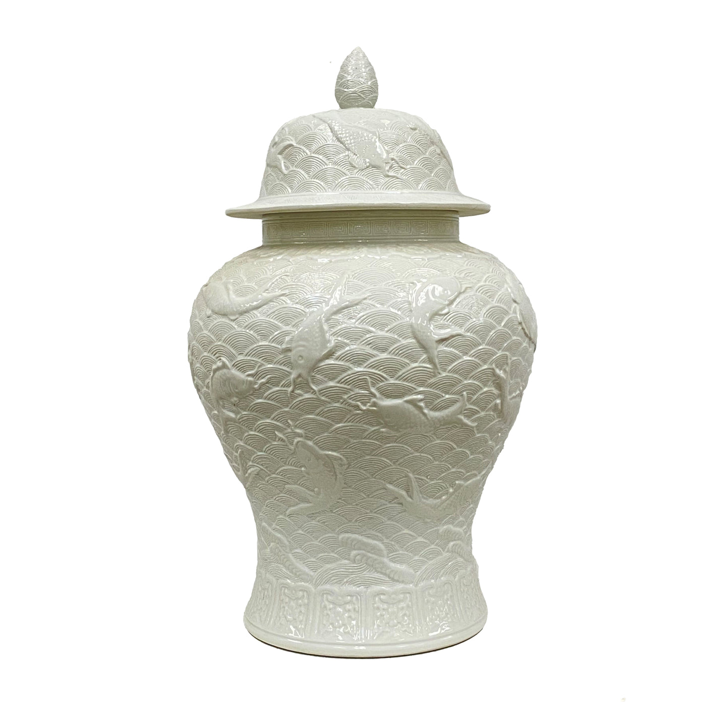 A white 23-inch porcelain Koi relief pot with intricate koi fish and wave designs, showcasing luxury craftsmanship placed against a white background.