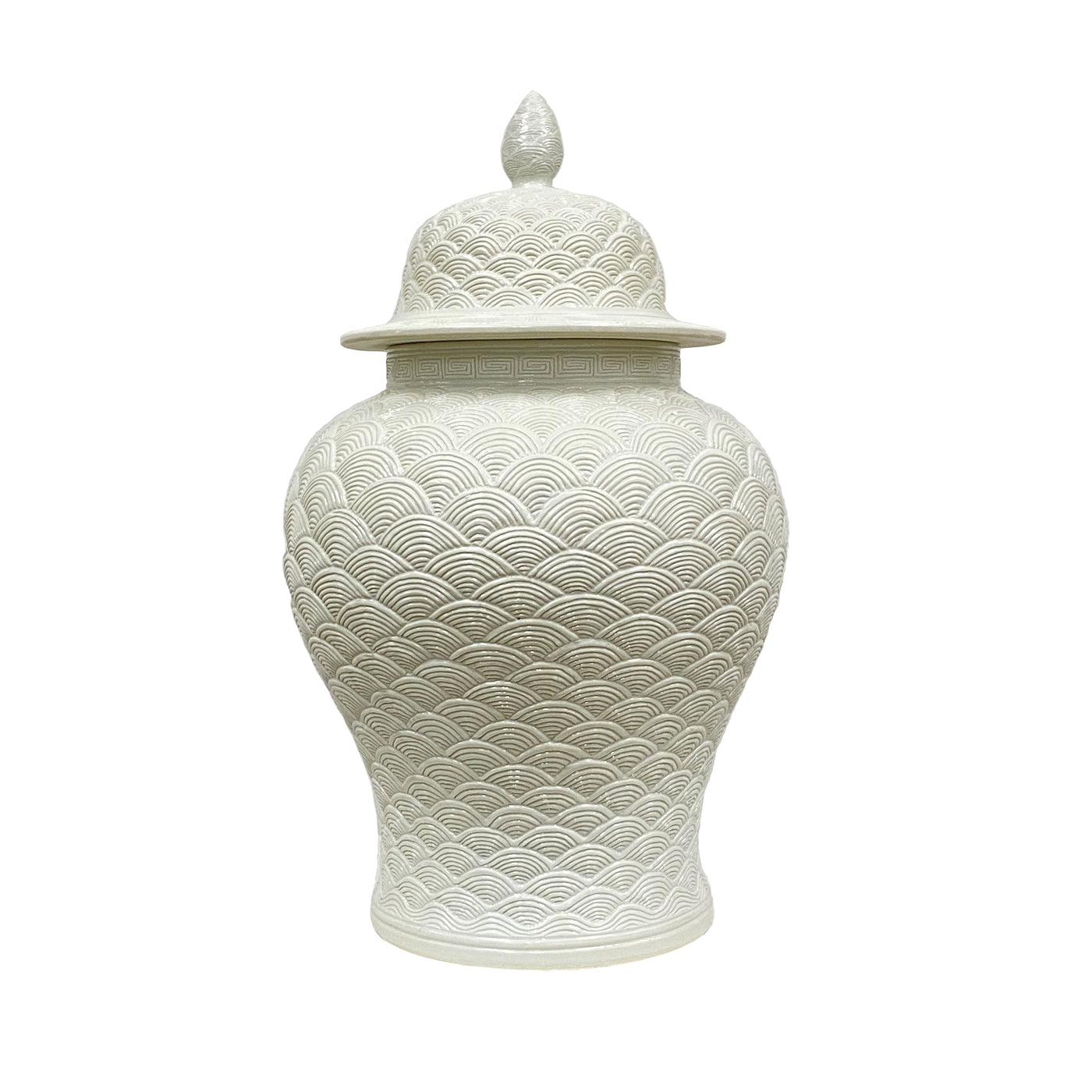 A White 23-inch porcelain Relief Pot with intricate wave-like designs showcasing luxury home decor placed against a white background.