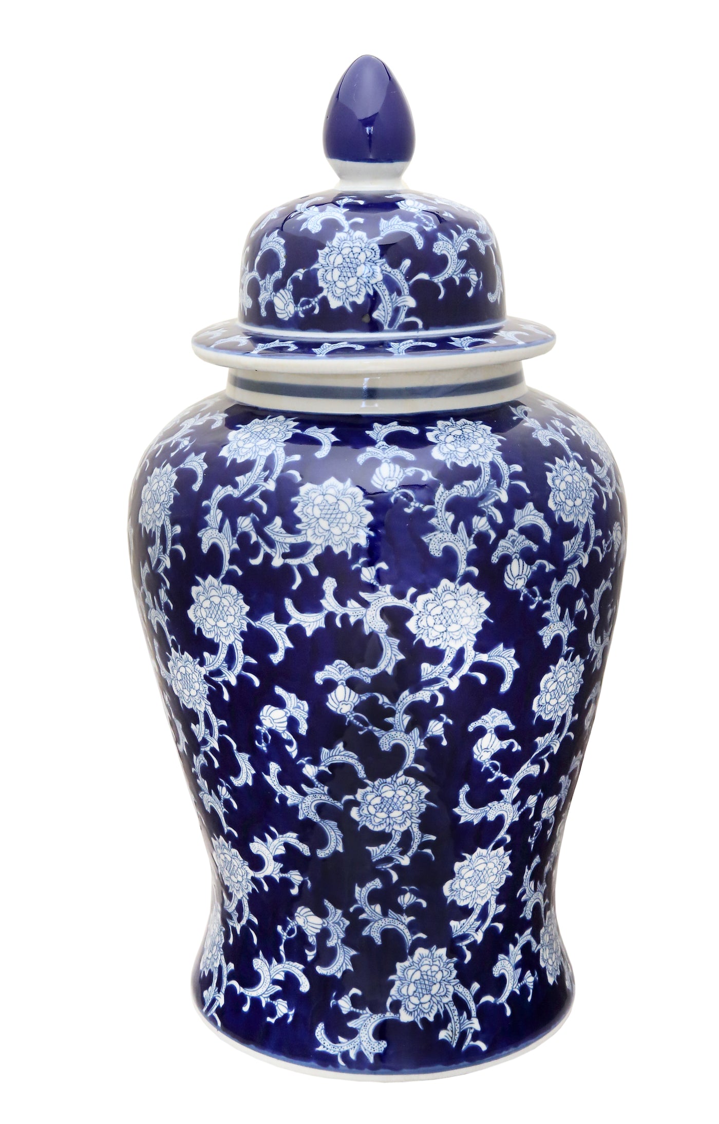 24-inch blue and white porcelain lidded jar with intricate floral design, ideal for adding a classic touch to home decor or serving as a statement piece in any room