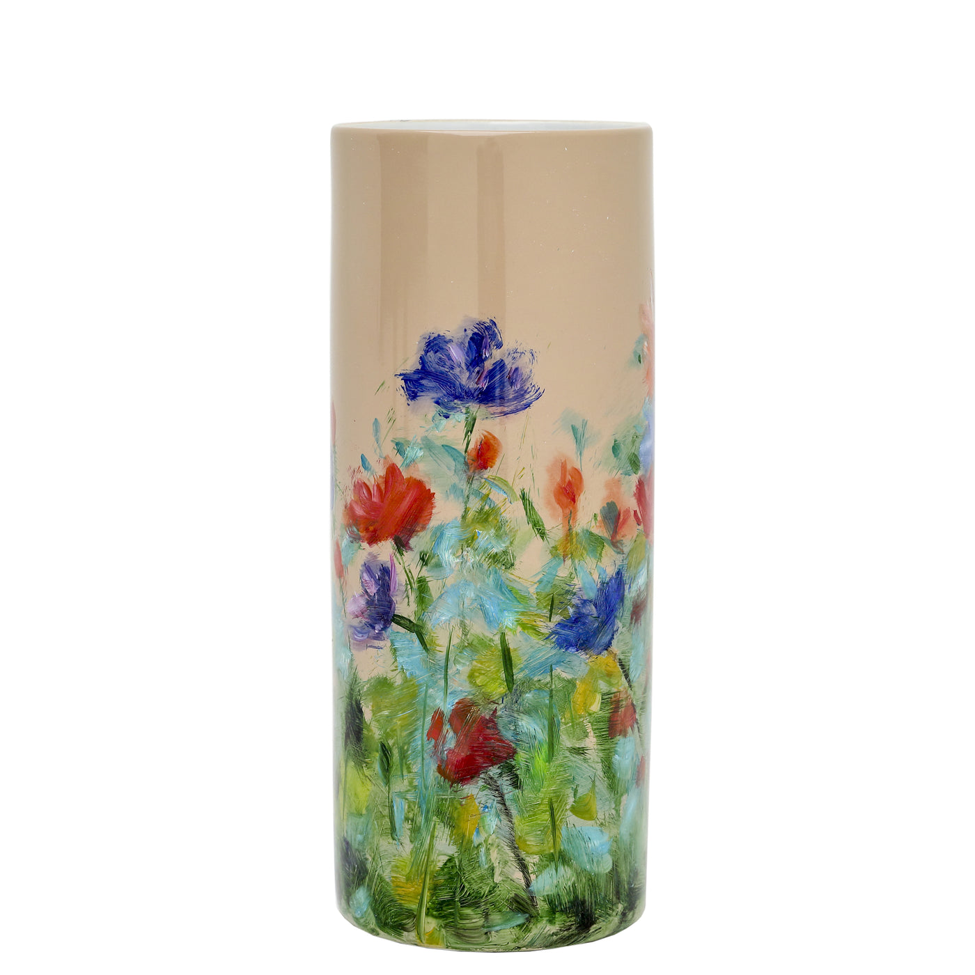 18-inch hand-painted porcelain cylinder vase featuring a vibrant floral design with red, blue, and green accents, ideal as a decorative centerpiece or for holding tall floral arrangements.