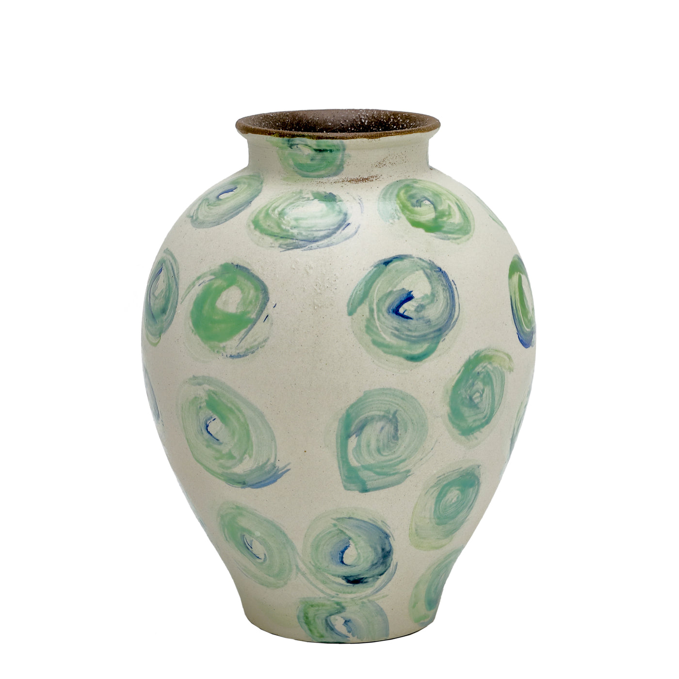 11.5-inch hand-painted vase with green and blue free-flowing swirl patterns, crafted from porcelain on a white background