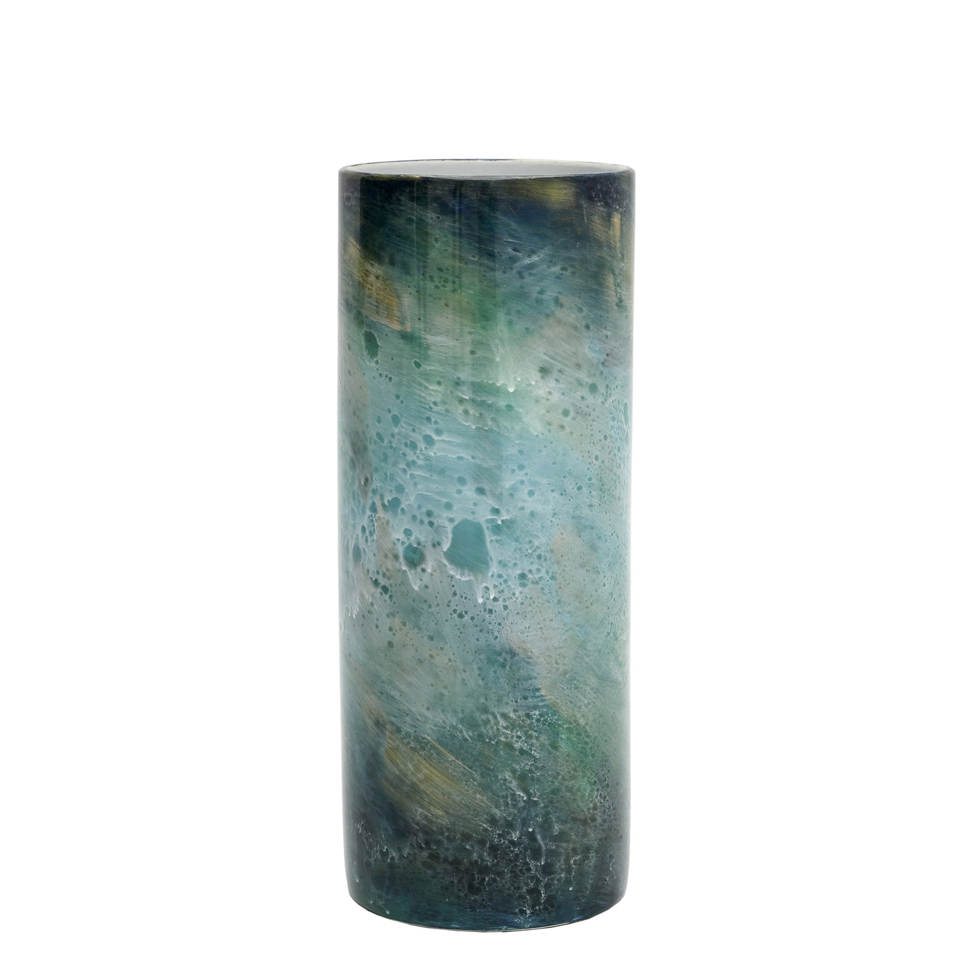 A tall cylindrical porcelain vase with a unique textured glaze in muted green and blue tones, ideal for home decor. Placed against a white backdrop.