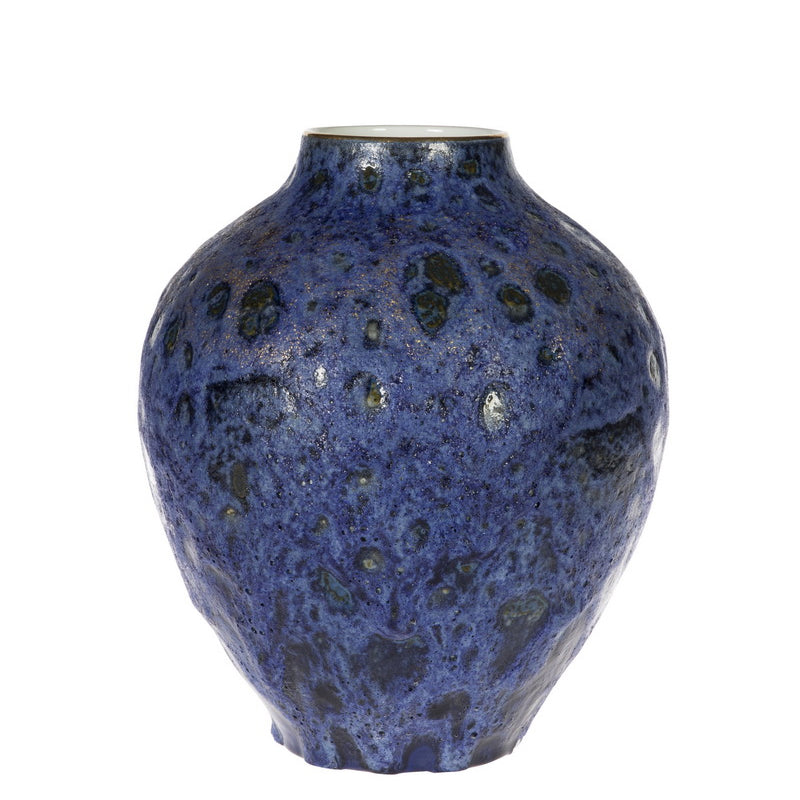 A stylish blue textured hand-painted porcelain vase placed against a white background.