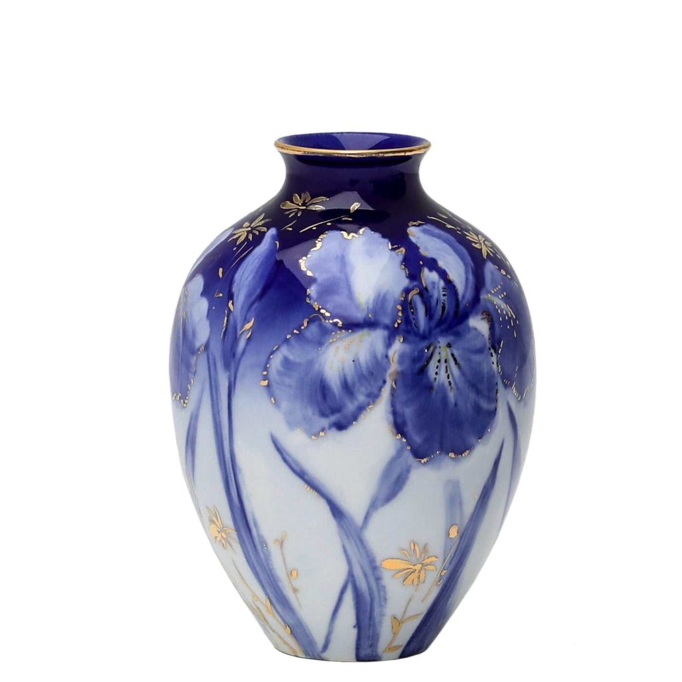 A 9-inch hand painted Celadon porcelain vase featuring intricate blue flora and botanical motifs with gold accents, placed against a white background.