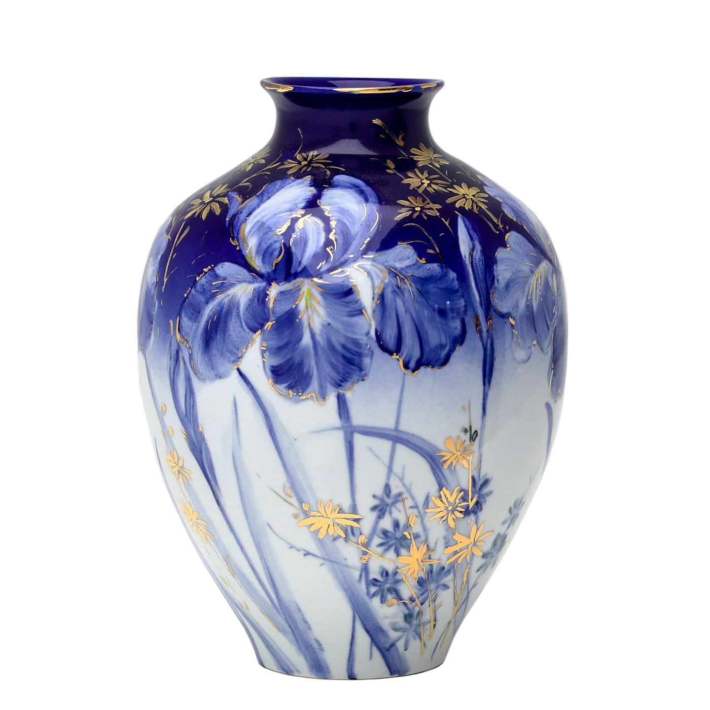 A 15-inch hand painted Celadon porcelain vase featuring intricate blue flora and botanical motifs with gold accents, placed against a white background.