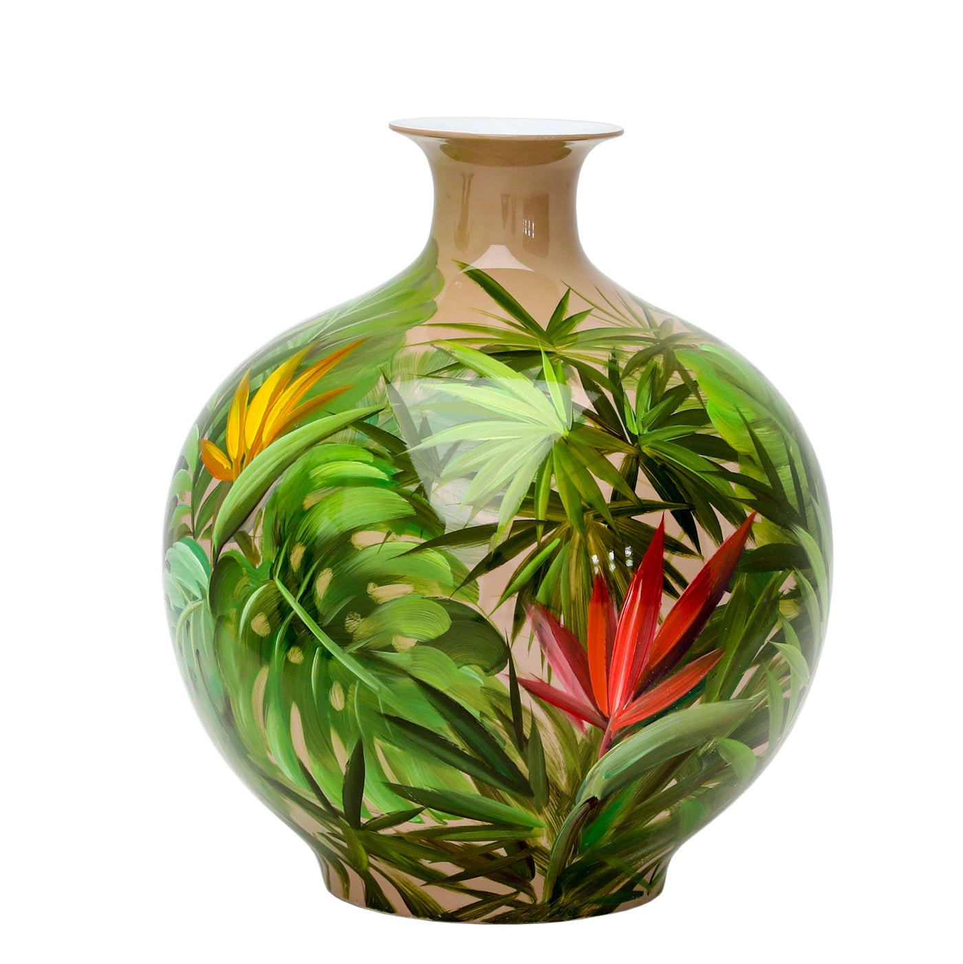 A 17-inch hand painted porcelain bottle featuring vibrant greens, reds and yellow tropical botanical painting. Monstera leaves painted. Placed against a white background.