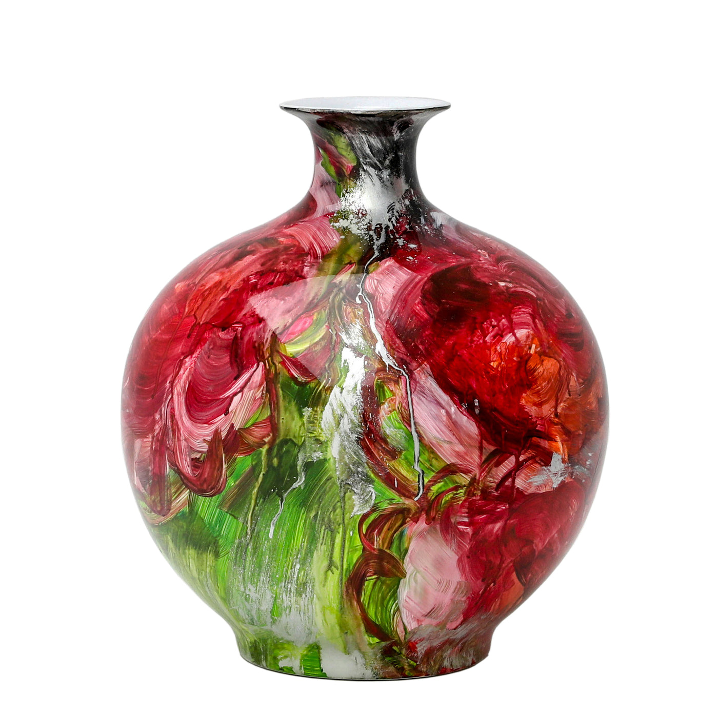 A 17-inch vibrant red and green hand painted porcelain bottle with a vibrant abstract painting placed against a white background