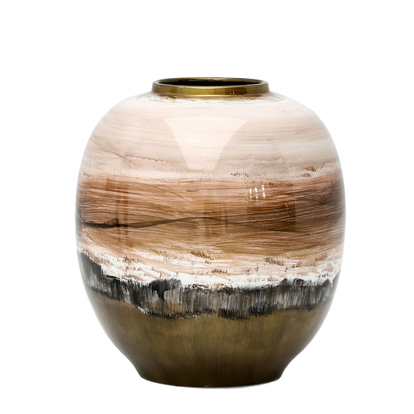 beautiful high-end hand-painted porcelain vase blends natural tones of brown, gold, and beige placed against a white background