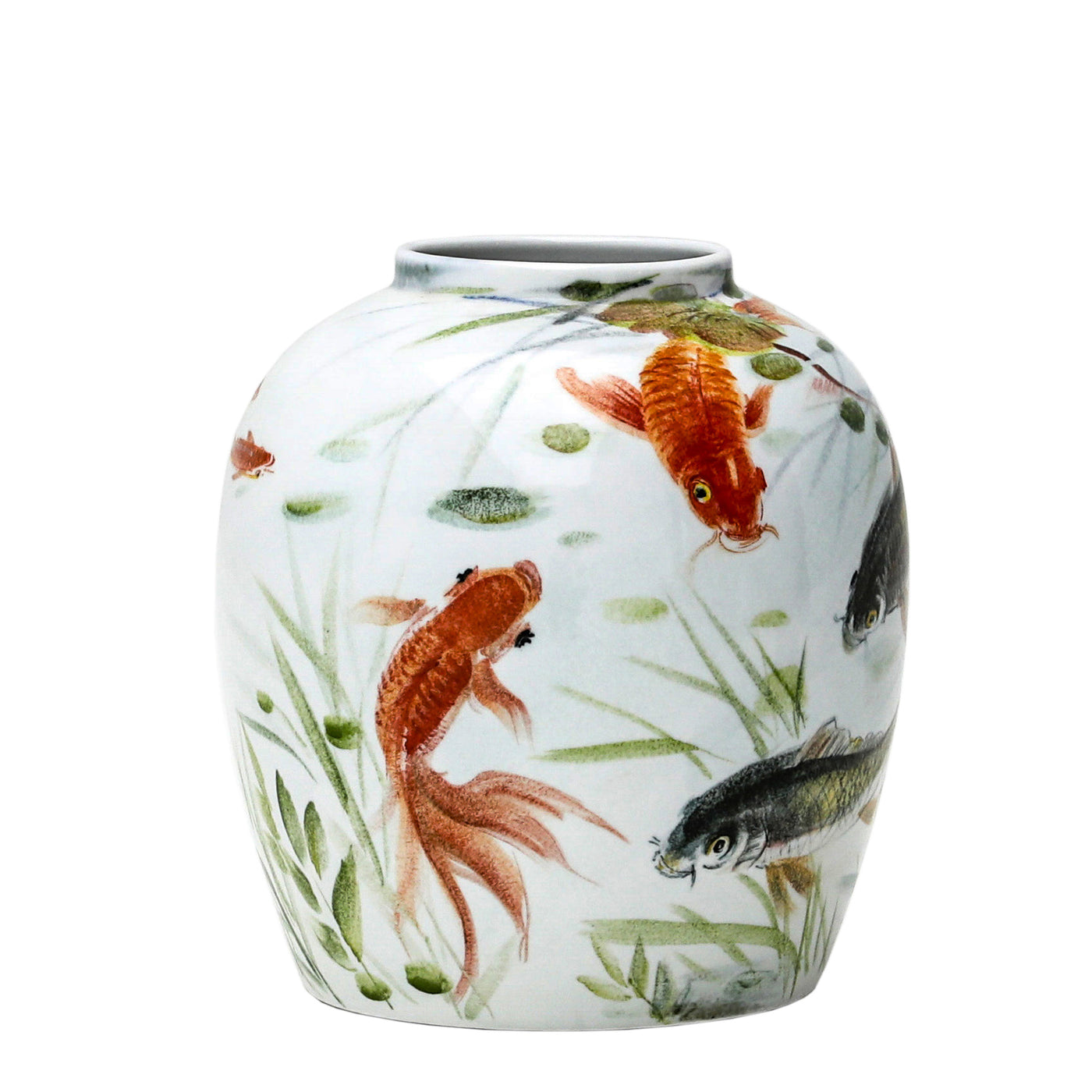 Hand-painted porcelain vase with a detailed koi fish design, featuring vibrant reds, blues, and greens, perfect as a decorative accent for any room. 9.5-inch-tall vase, ideal for floral arrangements or as a standalone art piece.