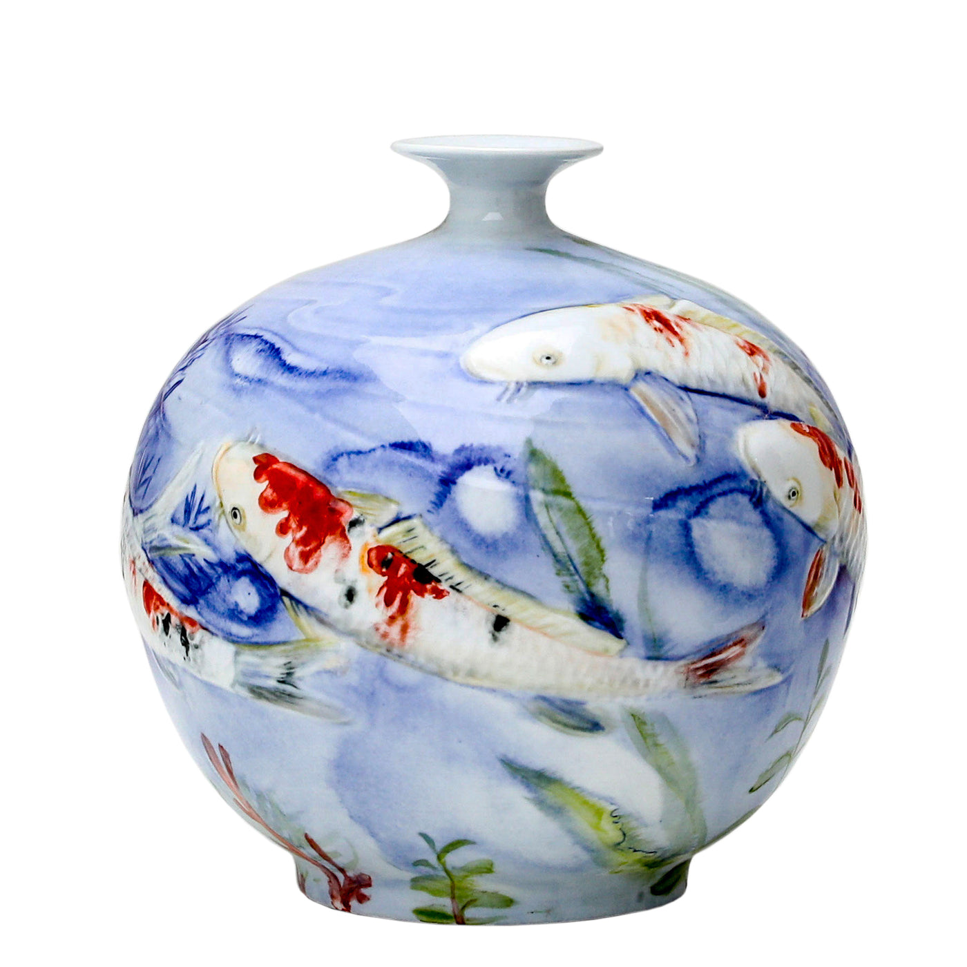 14-inch porcelain bottle vase hand-painted with koi fish and aquatic designs in soft blue tones, placed against a white background.