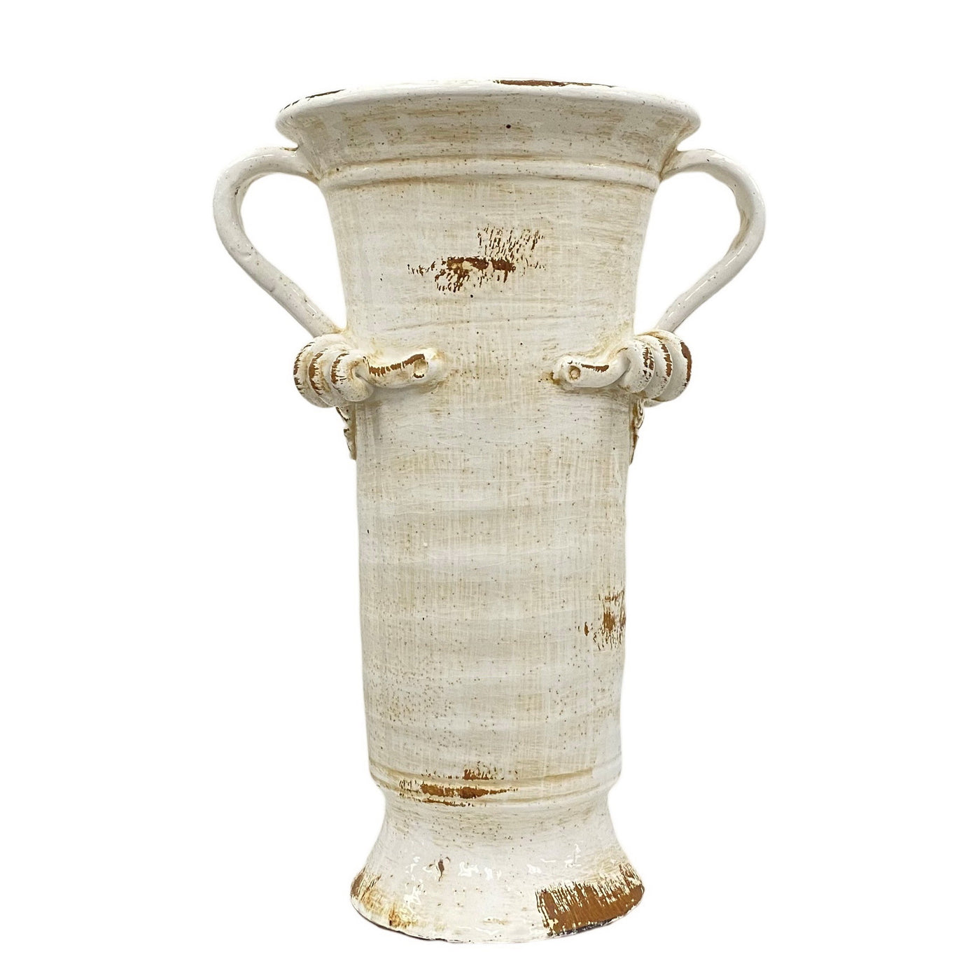 23-inch rustic white terracotta vase with two handles, featuring a distressed finish for a vintage, farmhouse-inspired look, perfect as a decorative piece or planter for indoor or outdoor spaces.