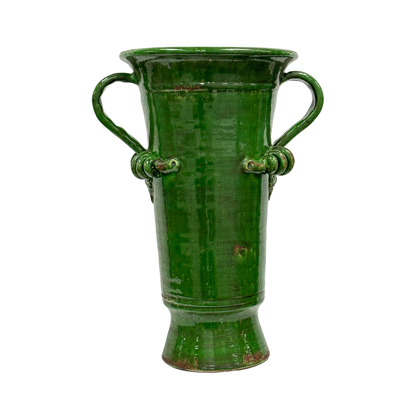 23-inch green terracotta vase with two decorative handles, featuring a rustic finish, ideal as a statement piece or large planter for indoor or outdoor decor