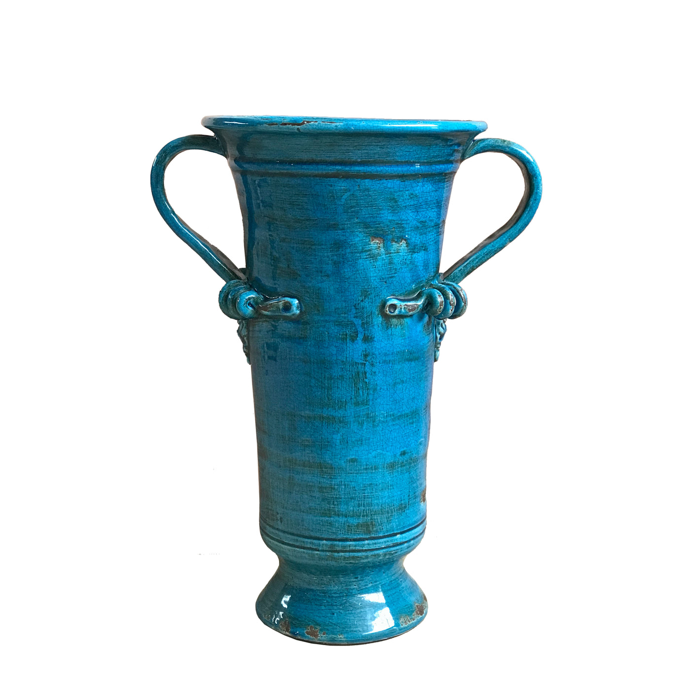 23-inch teal blue terracotta vase with two decorative handles, featuring a rustic finish, perfect for use as a statement piece or a large planter for indoor to outdoor decor.