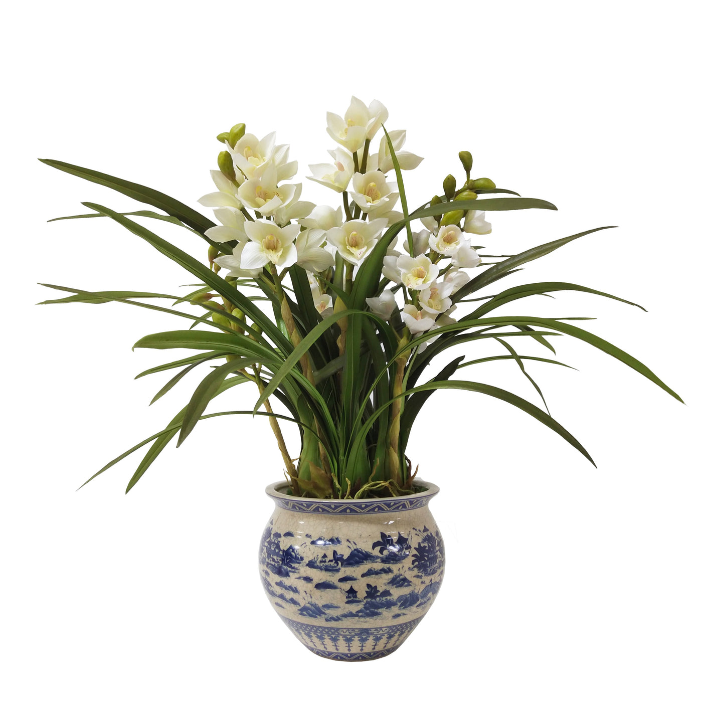 High-Quality Faux Orchid Cymbidium Floral Arrangement in Jardinière Pot 33"