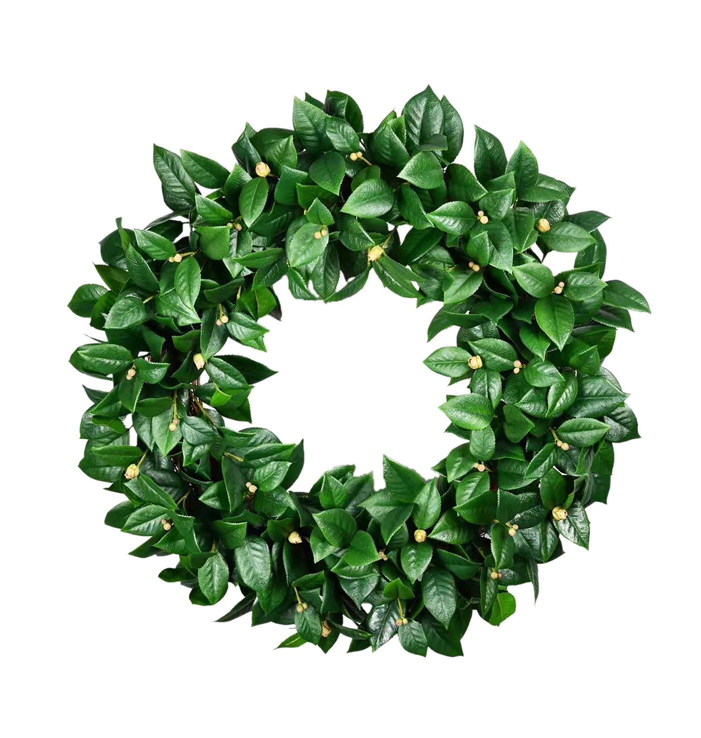 High-quality handcrafted faux camellia leaves wreath against white background