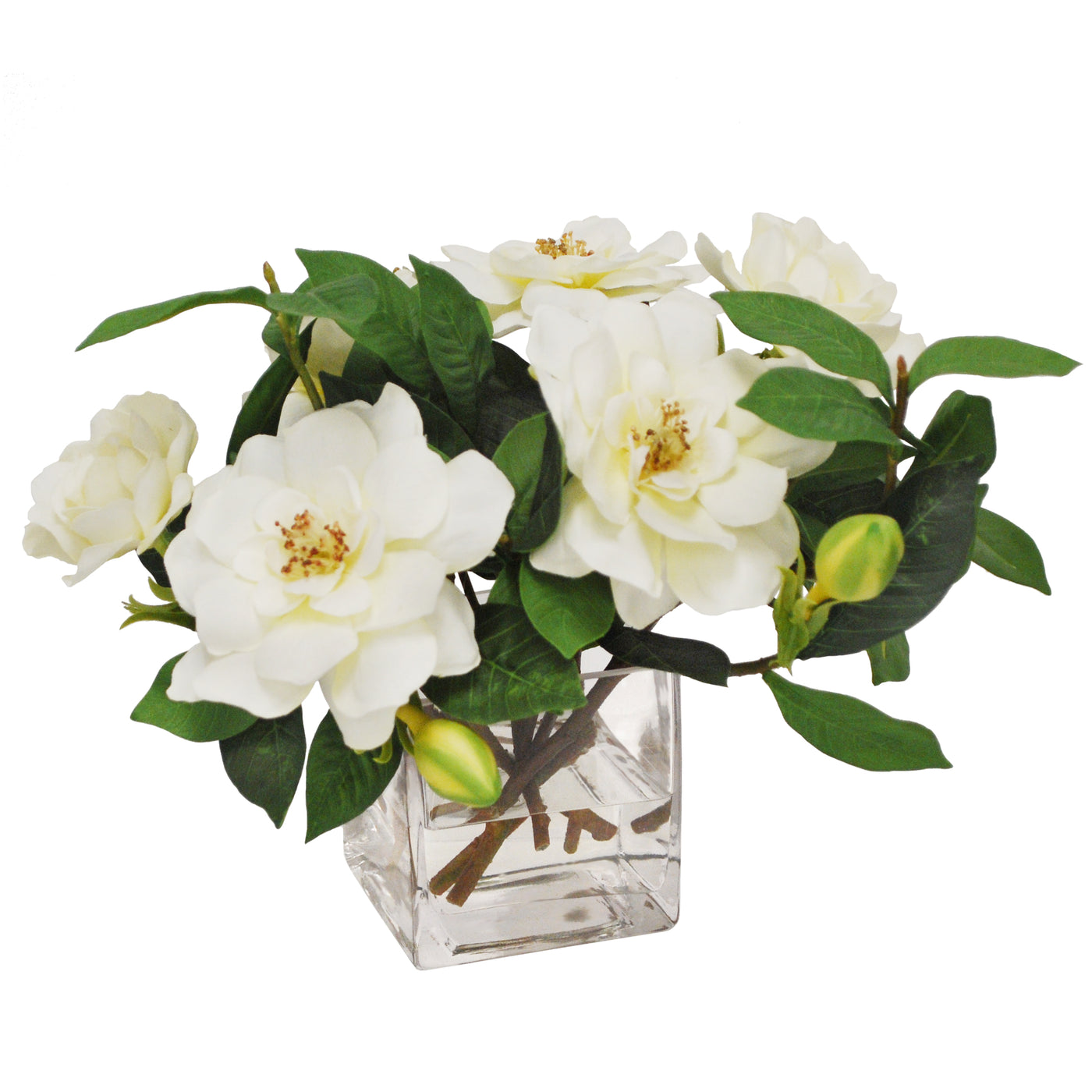 realistic faux gardenia in cube glass vase