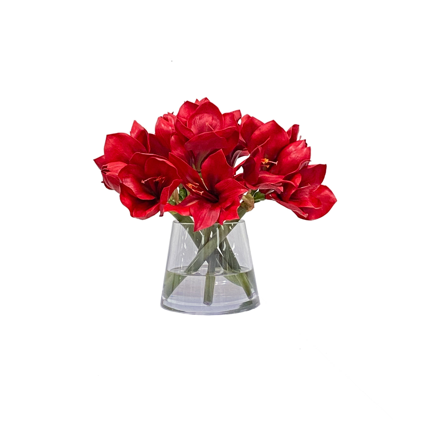 Red Amaryllis Flowers in Glass Vase 14-Inch, Faux Floral Arrangement, Holiday Red Flowers against white background