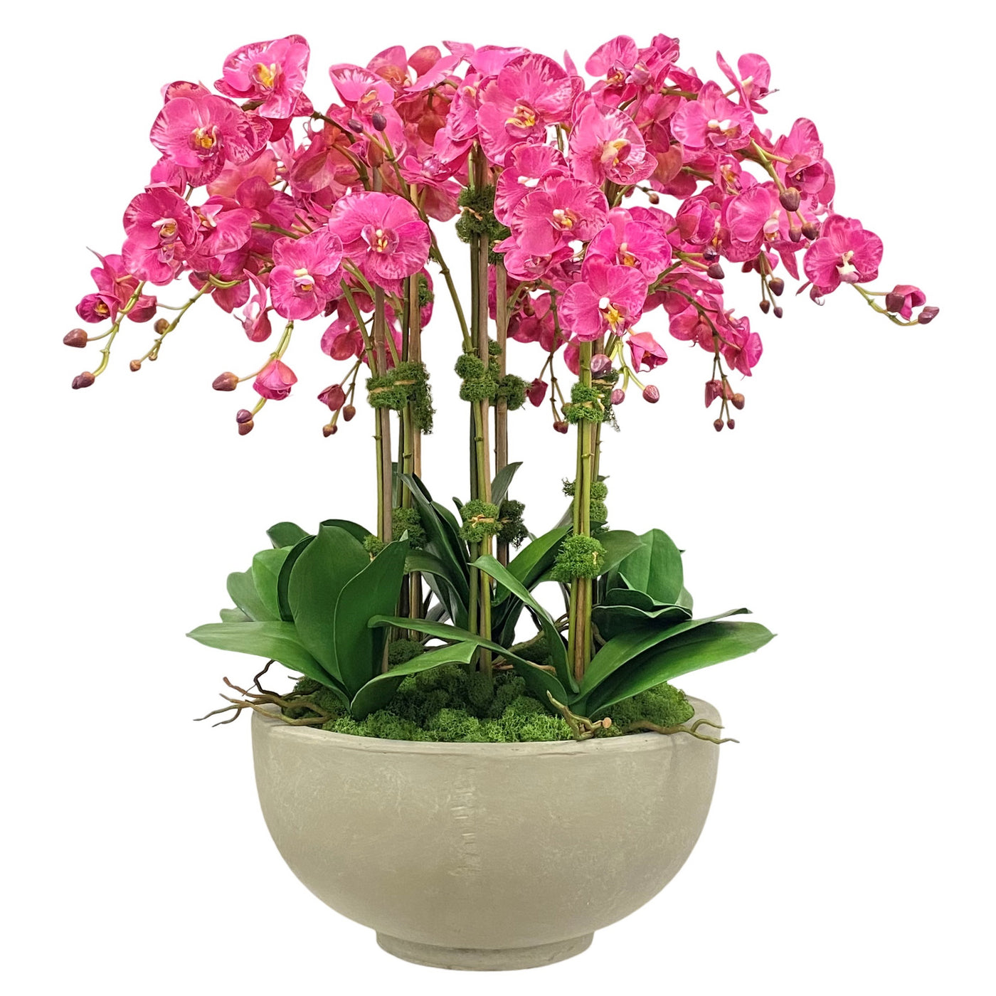 High-quality faux burgundy orchid floral arrangement supported by bamboo in a glass bowl