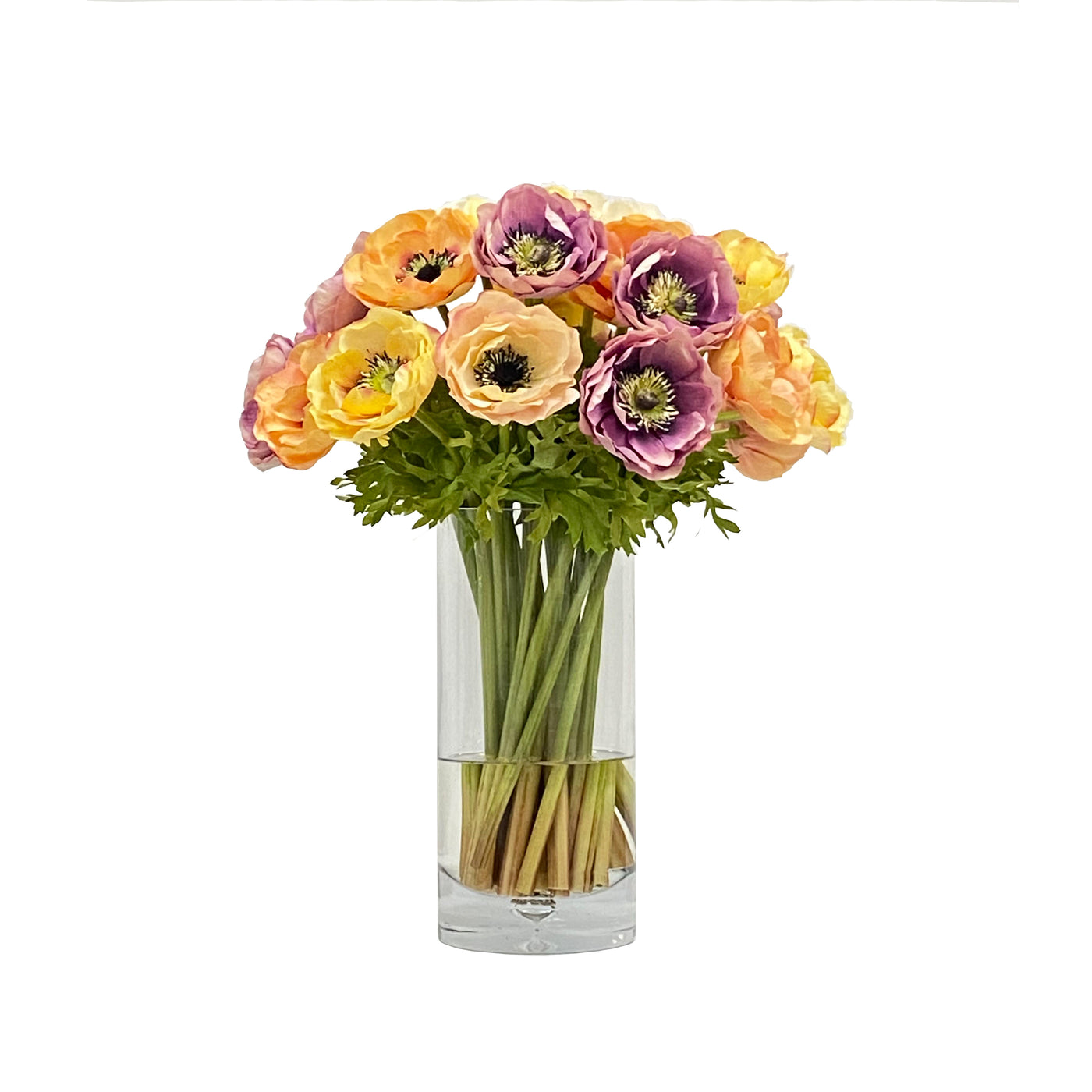 High-quality luxury faux anemone mix floral arrangement in a tall vase.