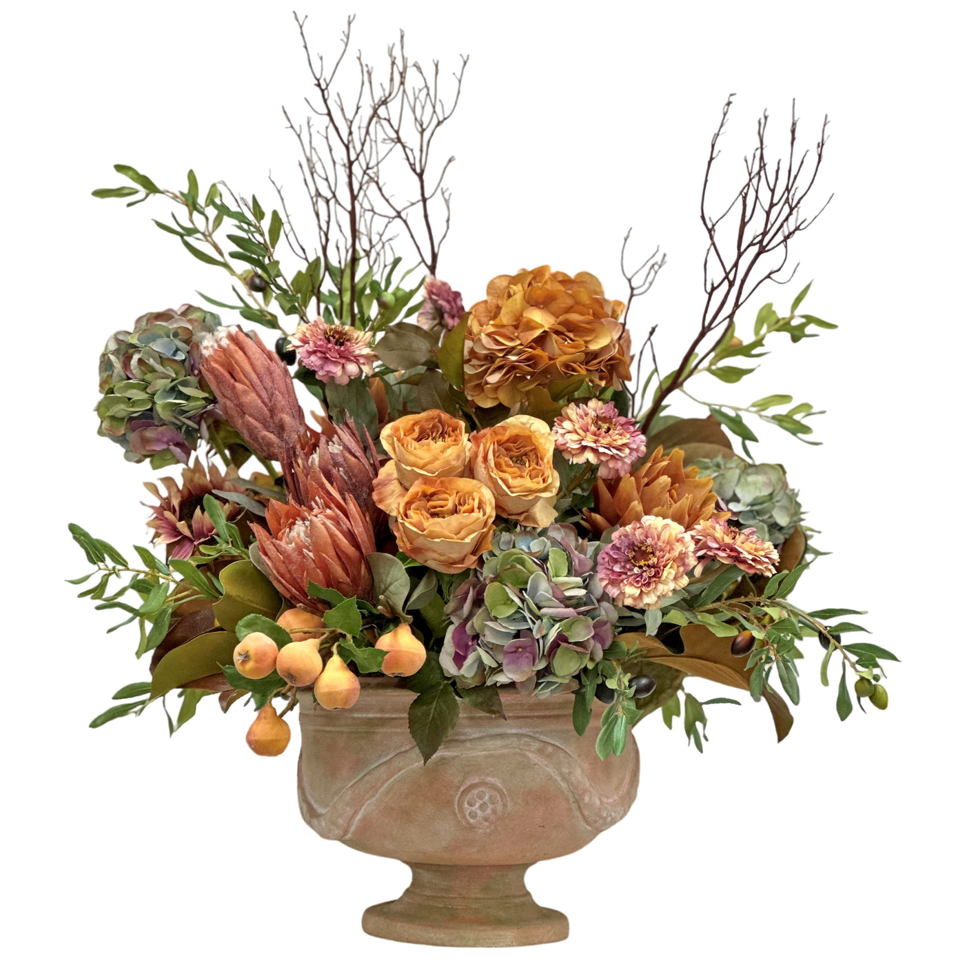 Hand-crafted mixed fall floral arrangement in an Italia urn, featuring golden roses, dahlias, branches, and berries against a white background