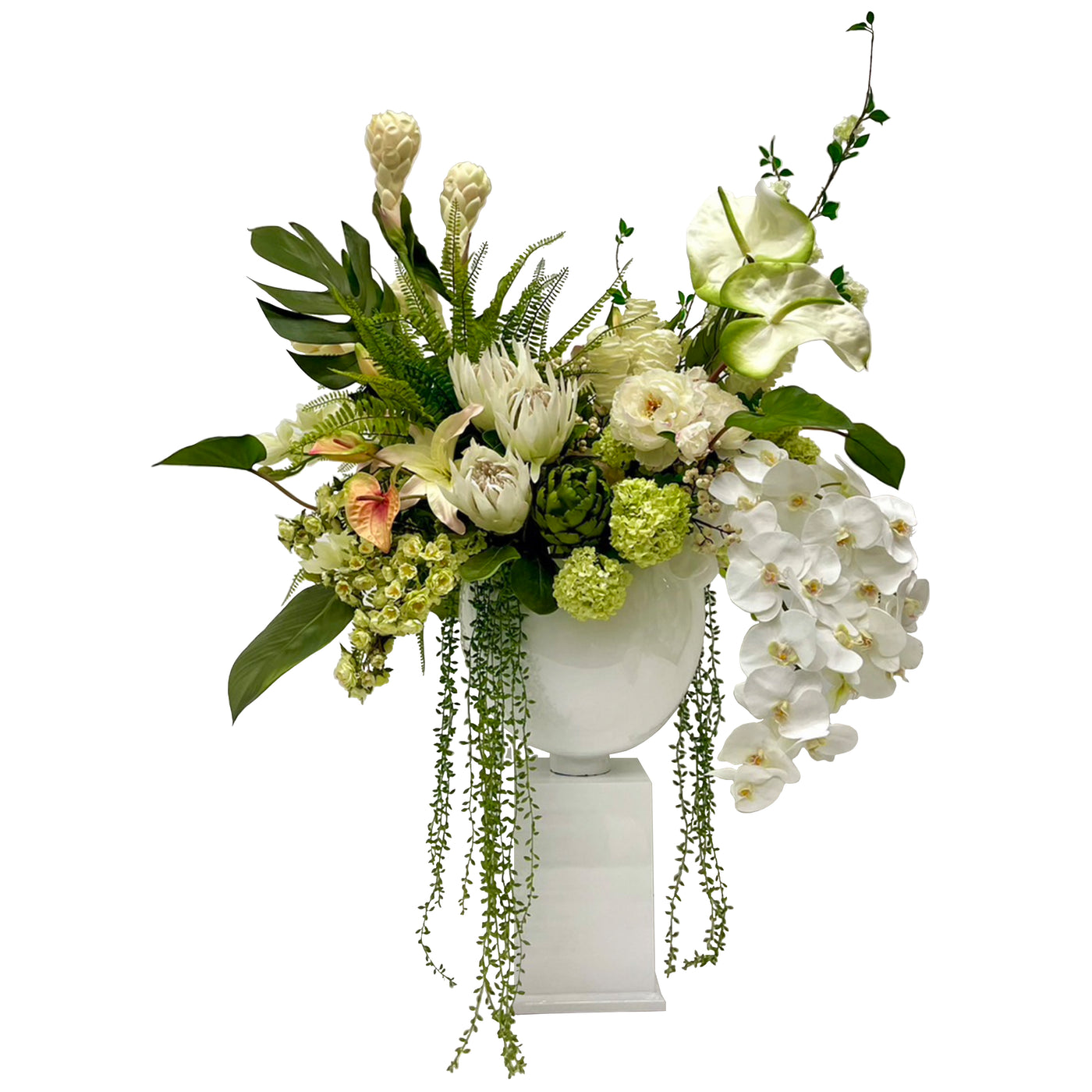 Iconic High-Quality Luxury Faux Tropical in Pot W/Stand Floral Arrangement in white and green.