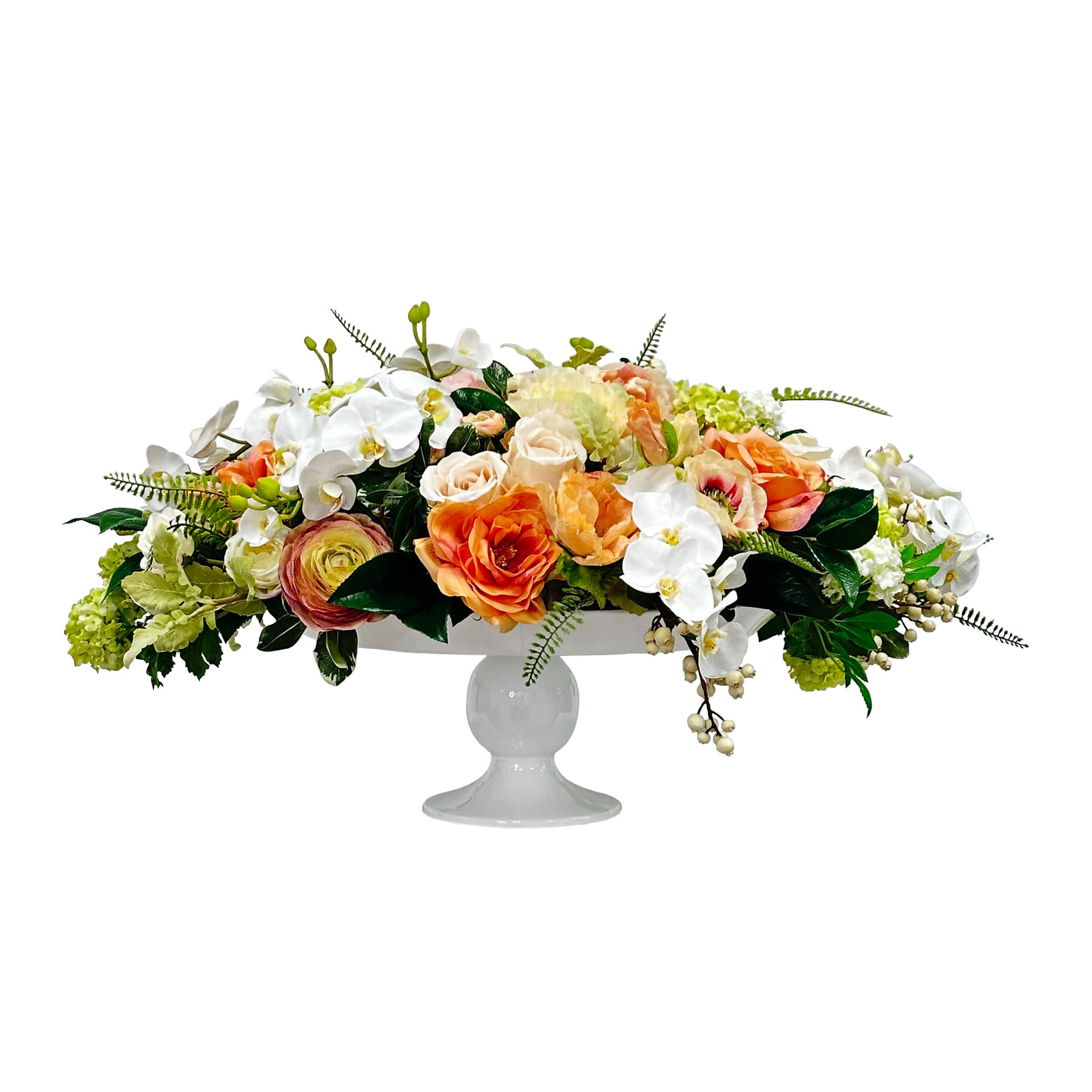 A sophisticated faux floral arrangement showcasing a blend of peonies, roses, orchids, and greenery in elegant shades of lavender, coral, and peach.