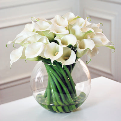 luxury faux calla lily bouquet in round vase contemporary floral decor