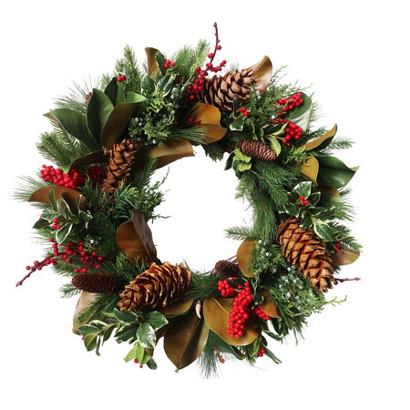 Festive 26-inch holly and pine faux wreath with red berries, pinecones, and green foliage, against a white background