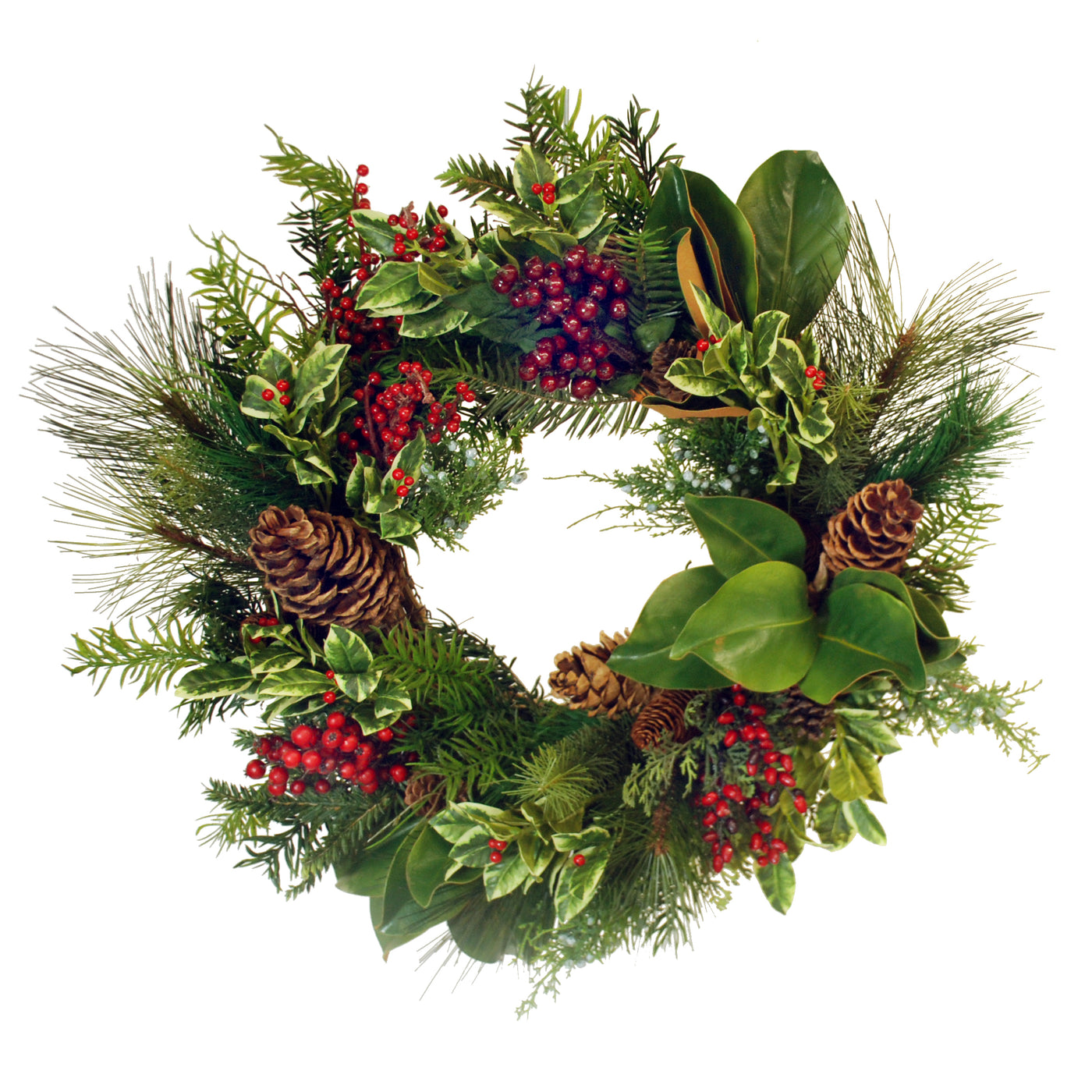 Festive 26-inch holly and pine faux wreath with red berries, pinecones, and green foliage, against a white background