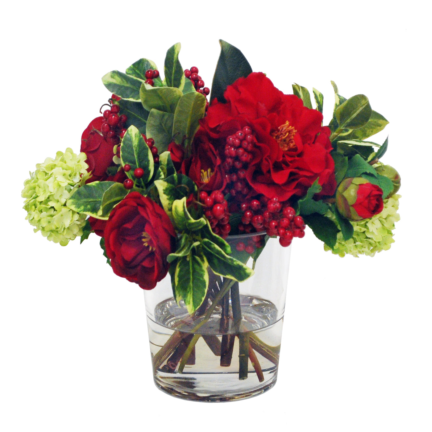 holiday red and green camellia flowers in a clear glass vase against a white background.