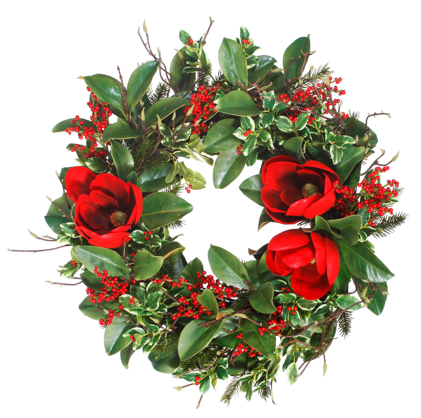 Hand-crafted grandiflora magnolia wreath with red magnolia flowers and green leaves, displayed against a white background