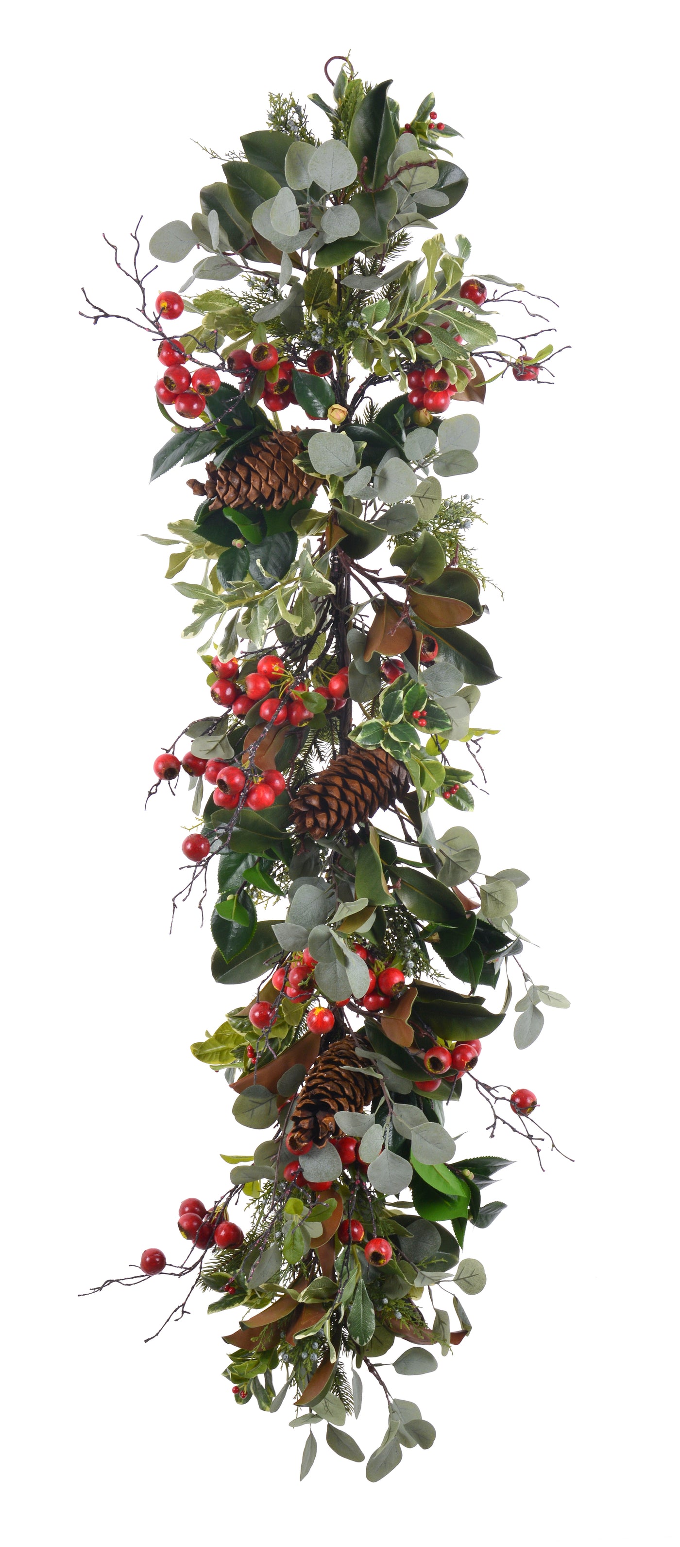 Hand-crafted 5-foot garland with green foliage and red berry accents for festive display against white background