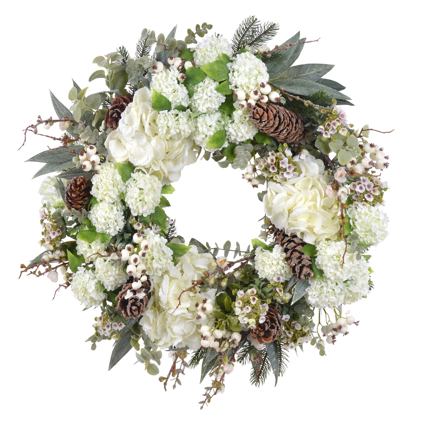 Hand-crafted hydrangea snowball wreath with white flowers and green foliage, displayed against a white background