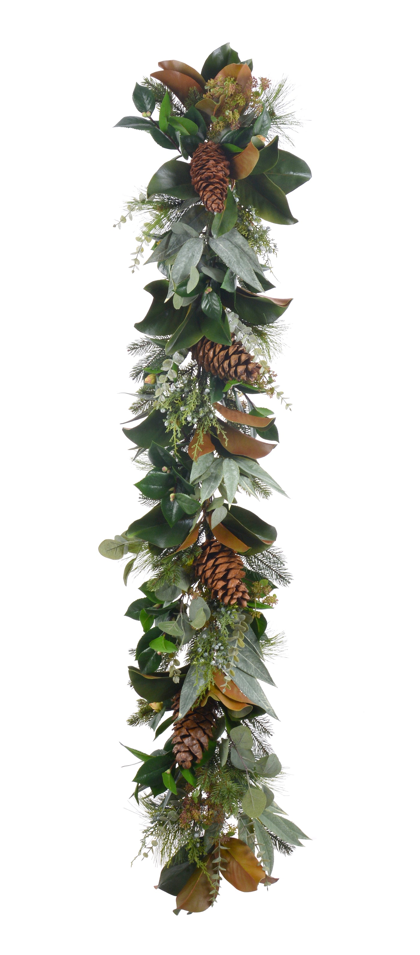 Hand-crafted multicolor holiday garland with greenery, displayed against a white background