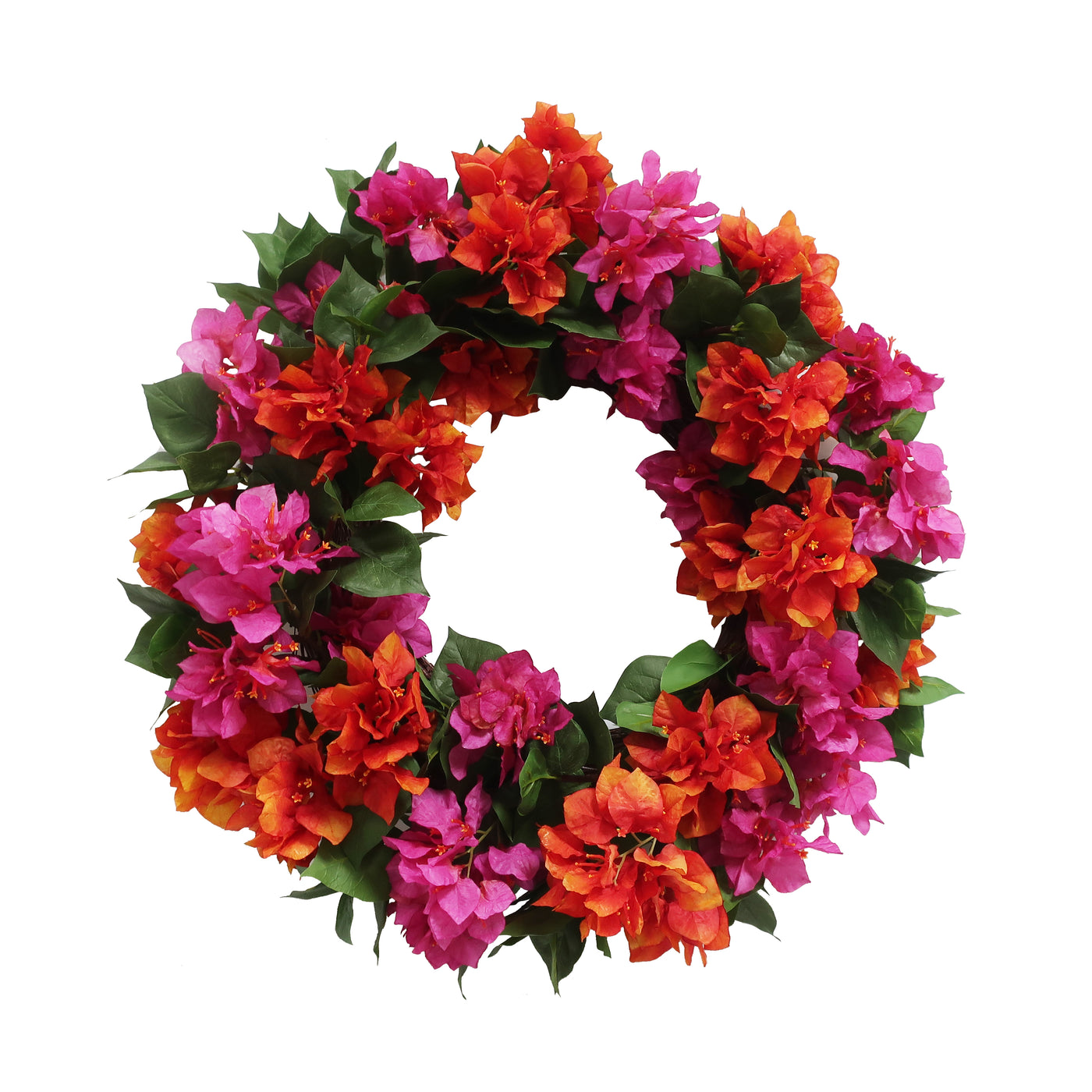 Vibrant red and pink faux Bougainvillea flowers and green foliage makes this stunningly realistic luxury faux wreath on white background.