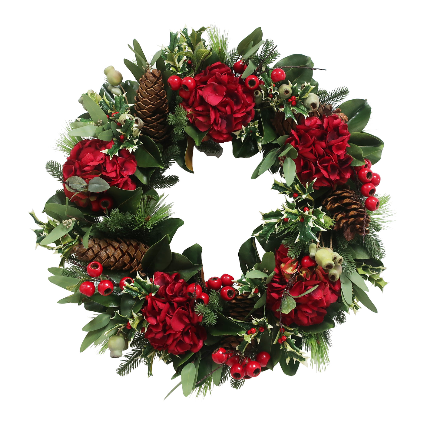 Hand-crafted 30-inch wreath with red hydrangea blooms and green foliage and pinecones for festive display against white background