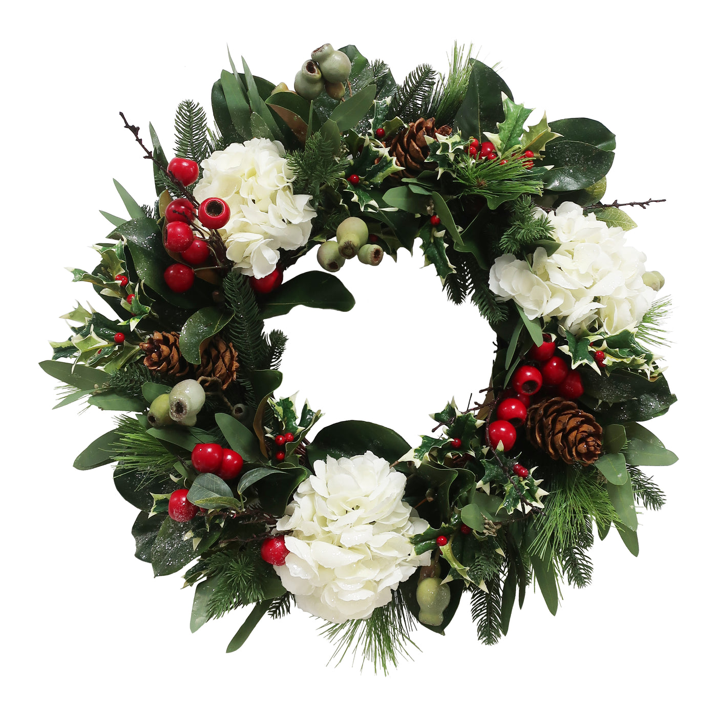 Hand-crafted 24-inch wreath with white hydrangea blooms, red accents, pinecones, and green foliage for festive display against white background