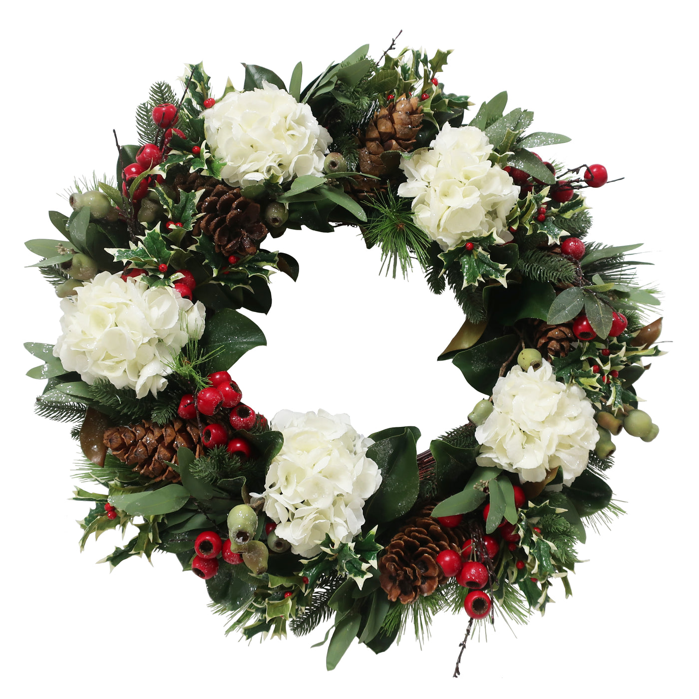 Hand-crafted 30-inch wreath with white hydrangea blooms, red accents, pinecones, and green foliage for festive display against white background