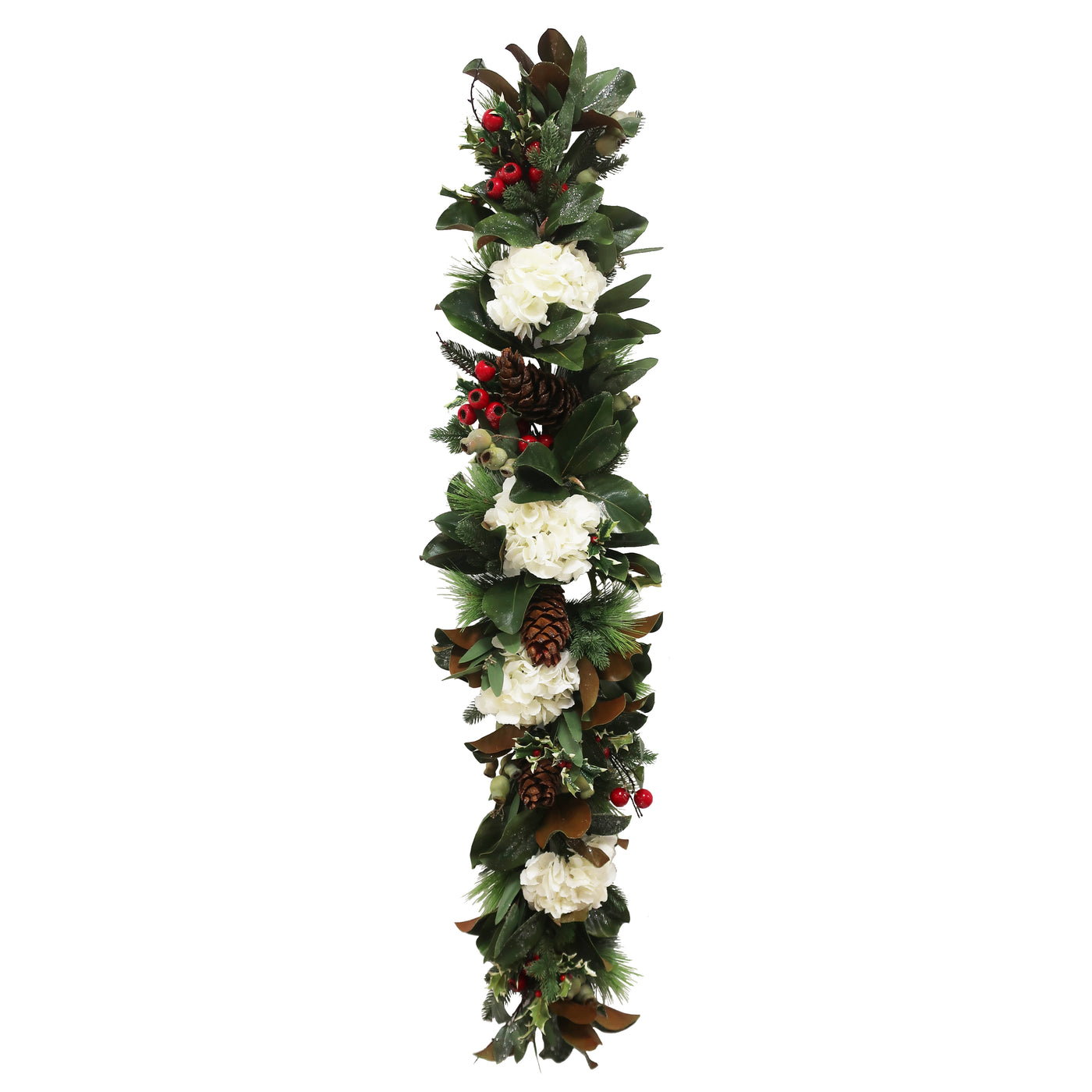 Hand-crafted garland featuring white flowers, pinecones, variegated green foliage, and red berries for festive decor against a white background