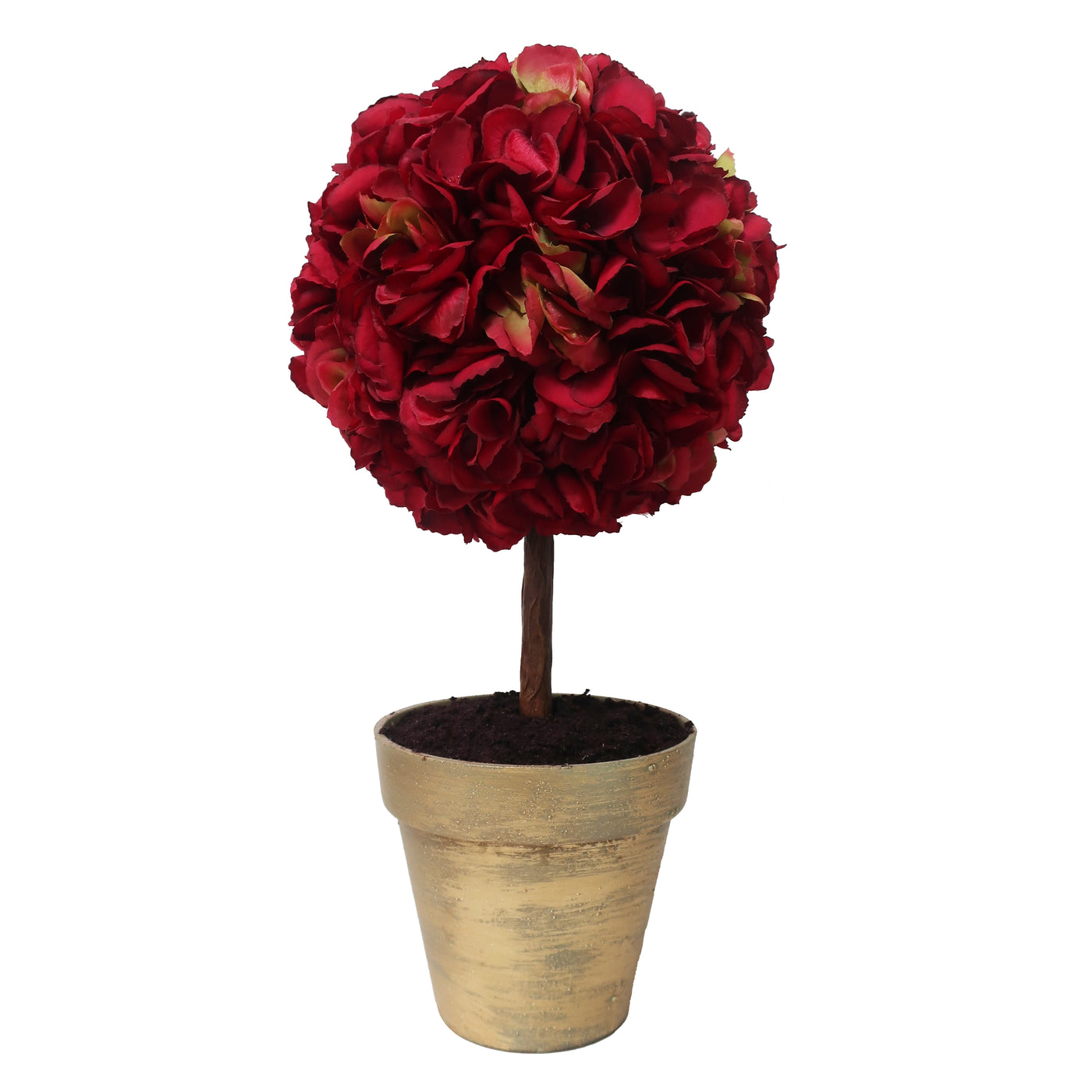 Hand-crafted deep red hydrangea floral topiary in a golden porcelain pot, for festive display against white background