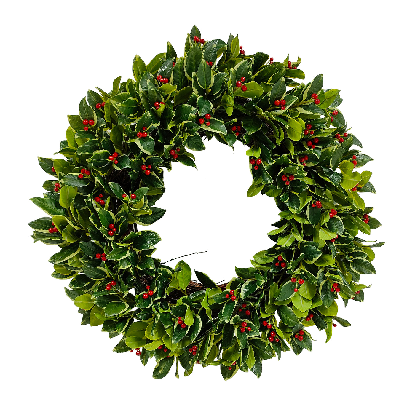 Hand-crafted rounded holly wreath with green leaves and variegated red accents, displayed against a white background