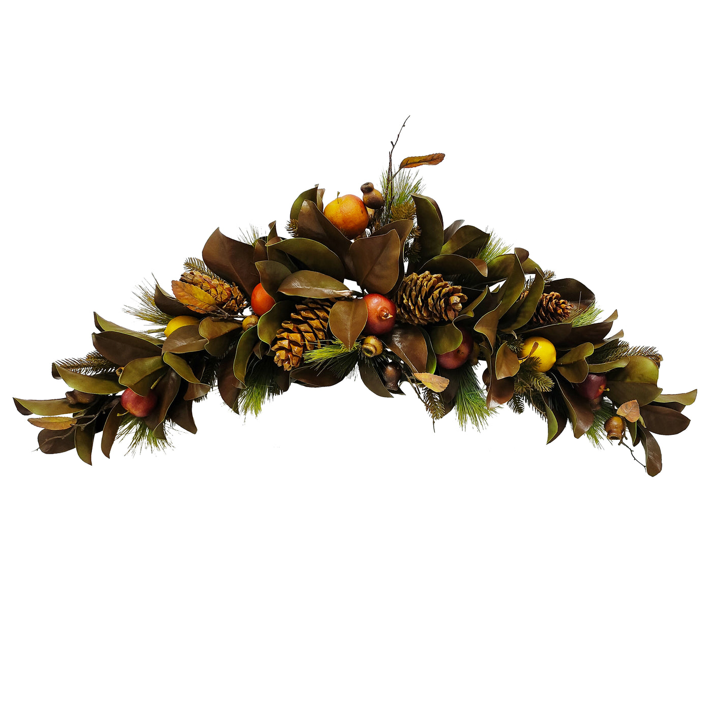 Hand-crafted magnolia leaf and fruit swag featuring greenery, magnolia leaves, and faux fruits, against white background