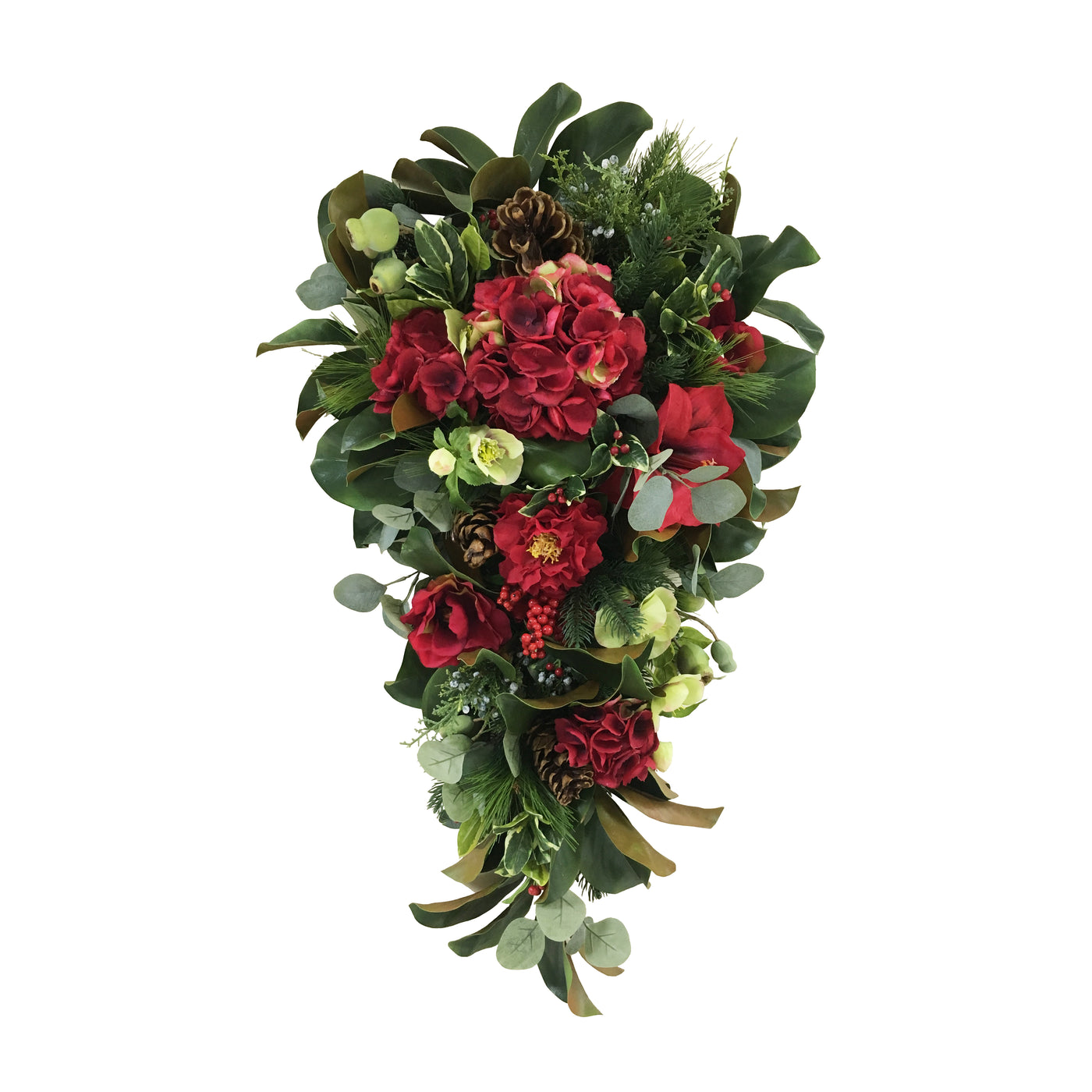 Hand-crafted teardrop arrangement with hydrangea, amaryllis, and greenery in red and green tones, displayed against a white background