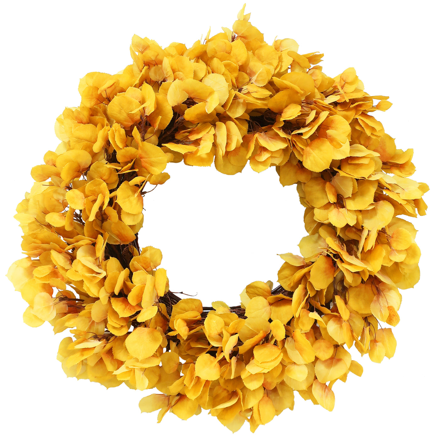 Hand-crafted aspen spray wreath with vibrant golden foliage displayed on a white background.